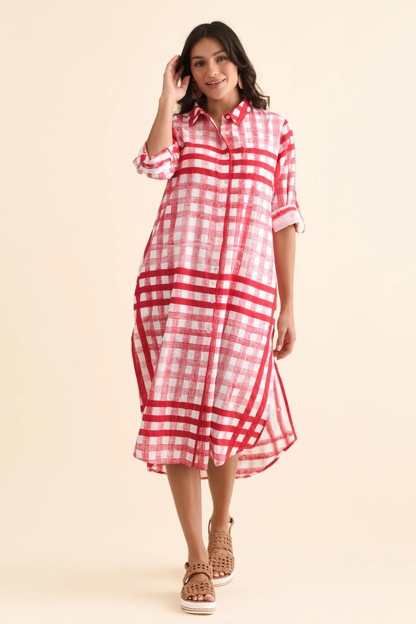Macaria Red Check Cotton Shirt Dress - Image 6