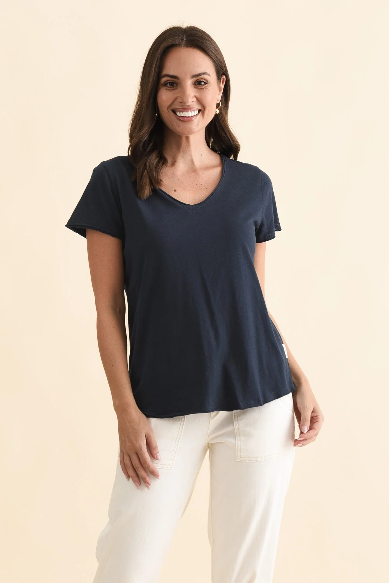 Maggie Navy Cotton Vee Tee