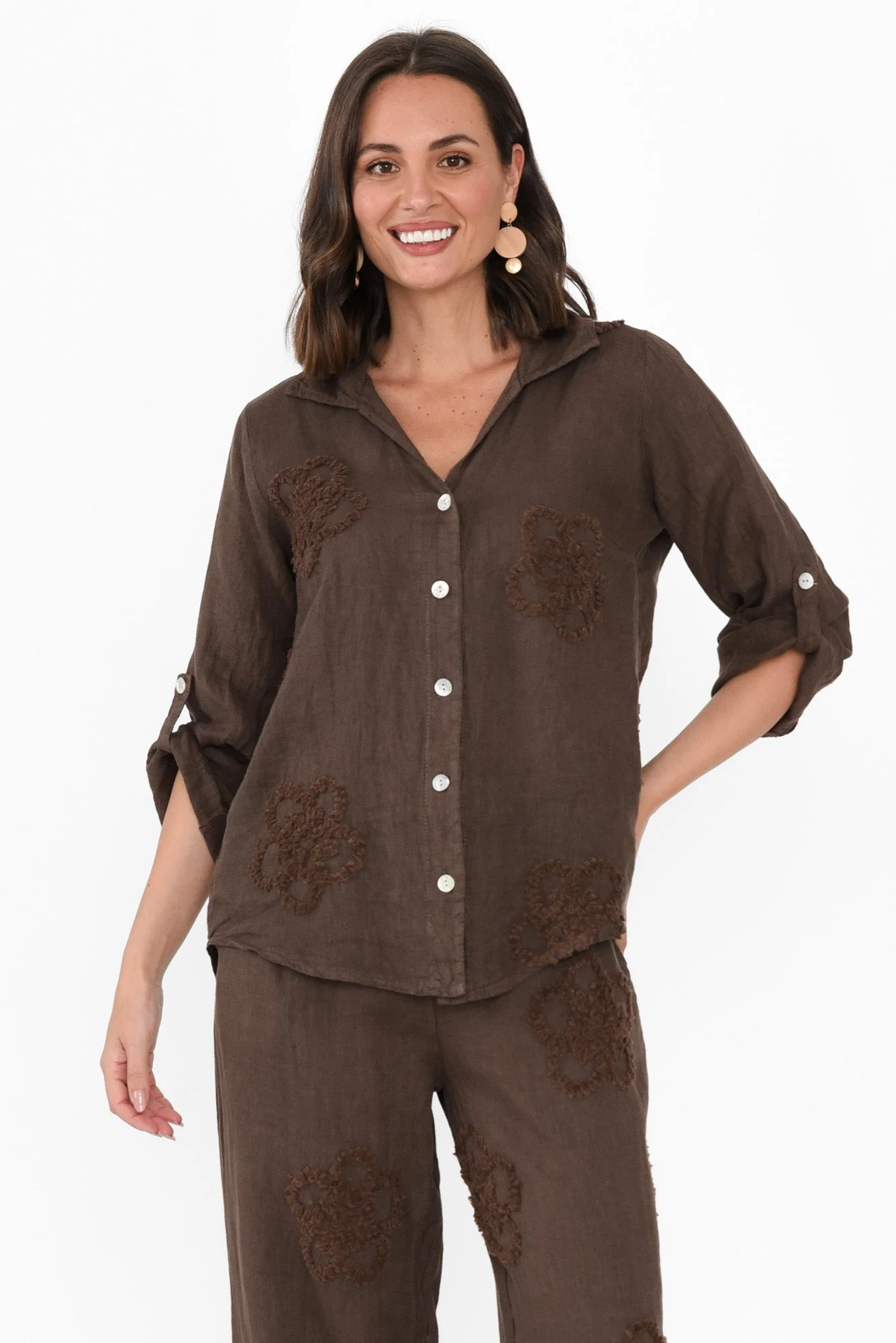 Maribel Chocolate Flower Linen Shirt