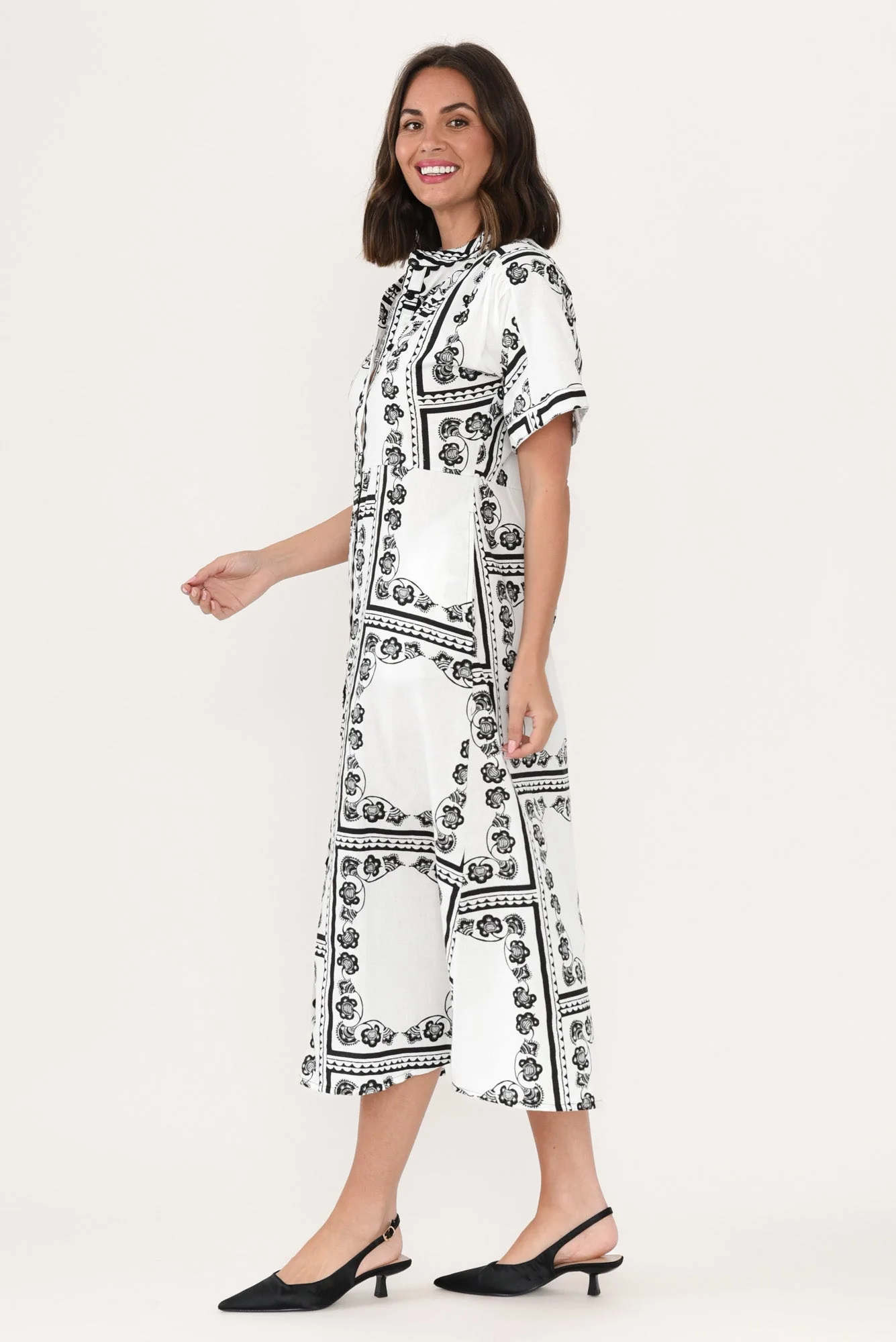 Marilyn White Tile Cotton Tie Dress - Image 5