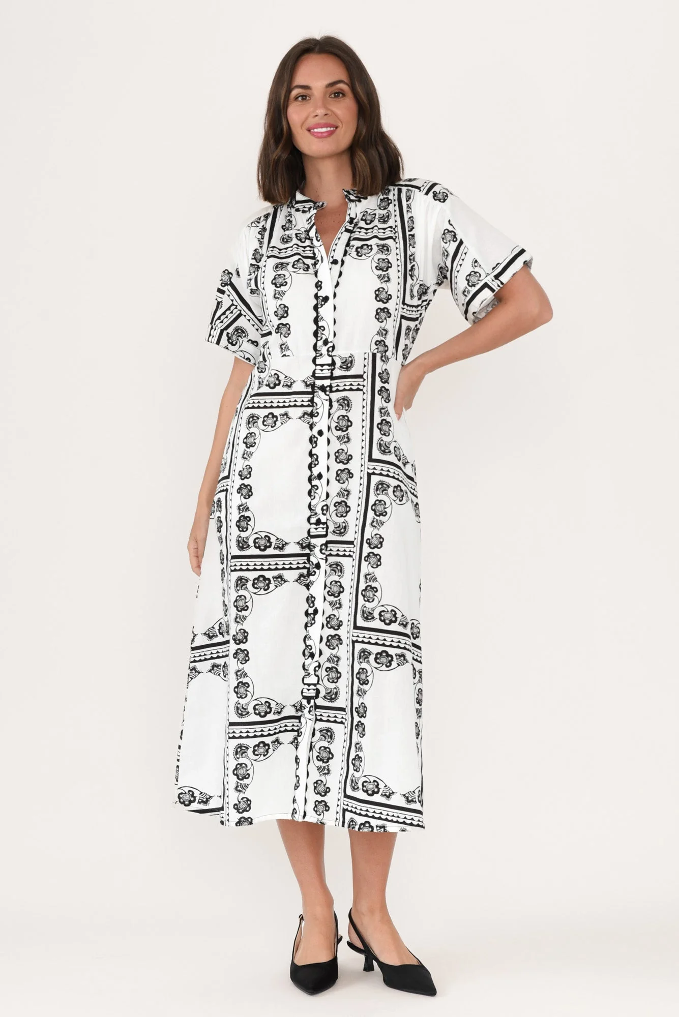 Marilyn White Tile Cotton Tie Dress - Image 7