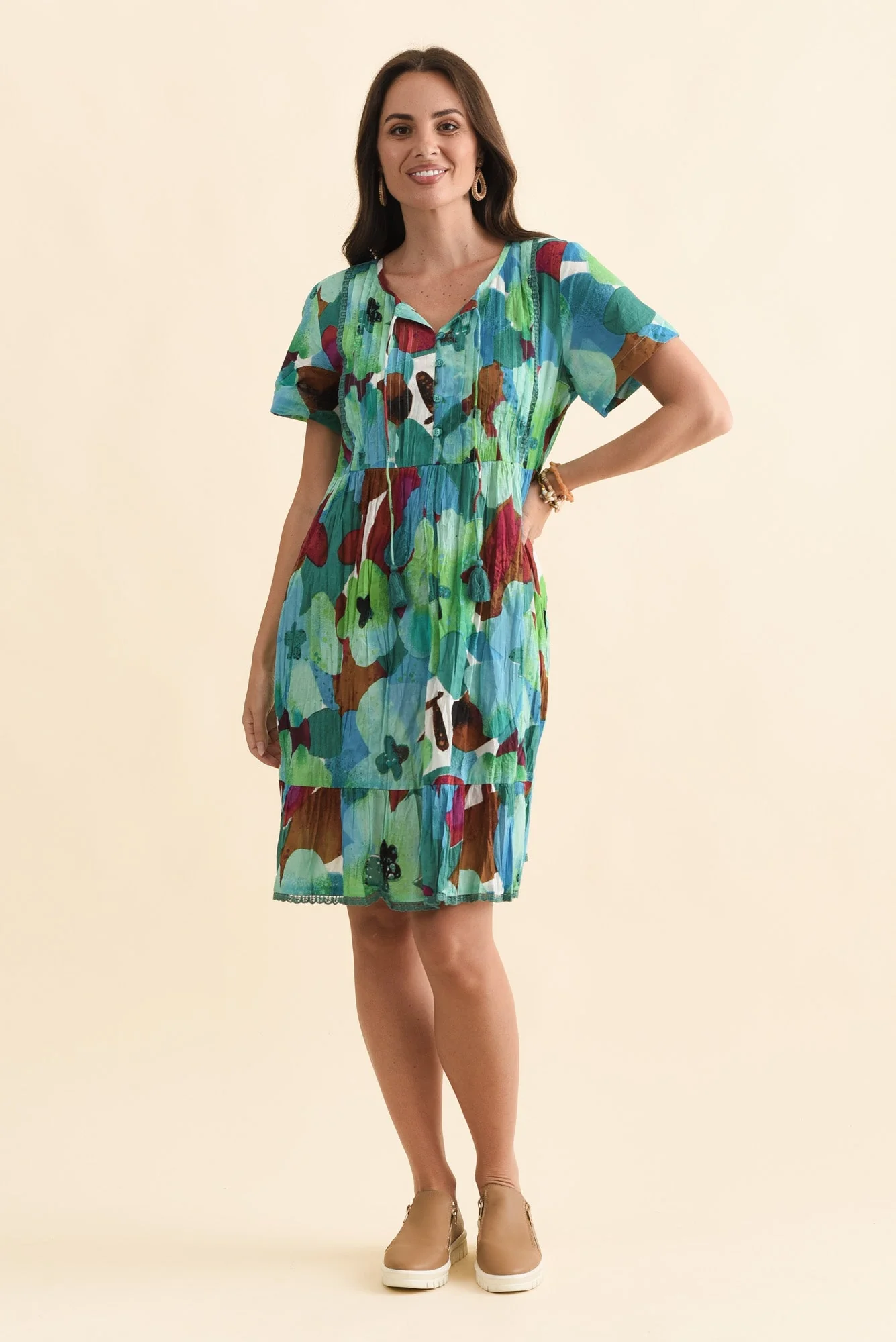 Marisol Teal Flower Crinkle Cotton Dress - Image 2