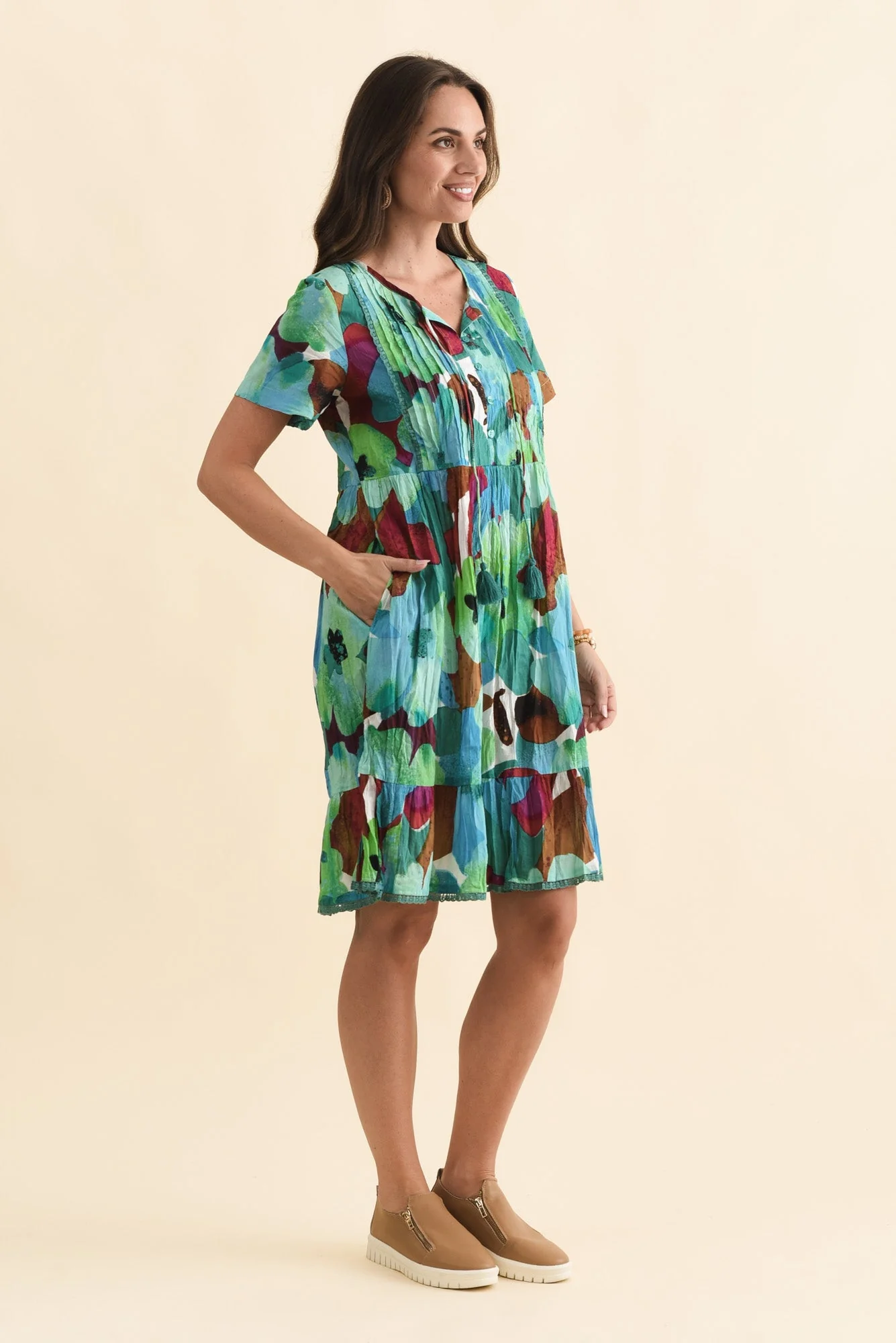 Marisol Teal Flower Crinkle Cotton Dress - Image 3