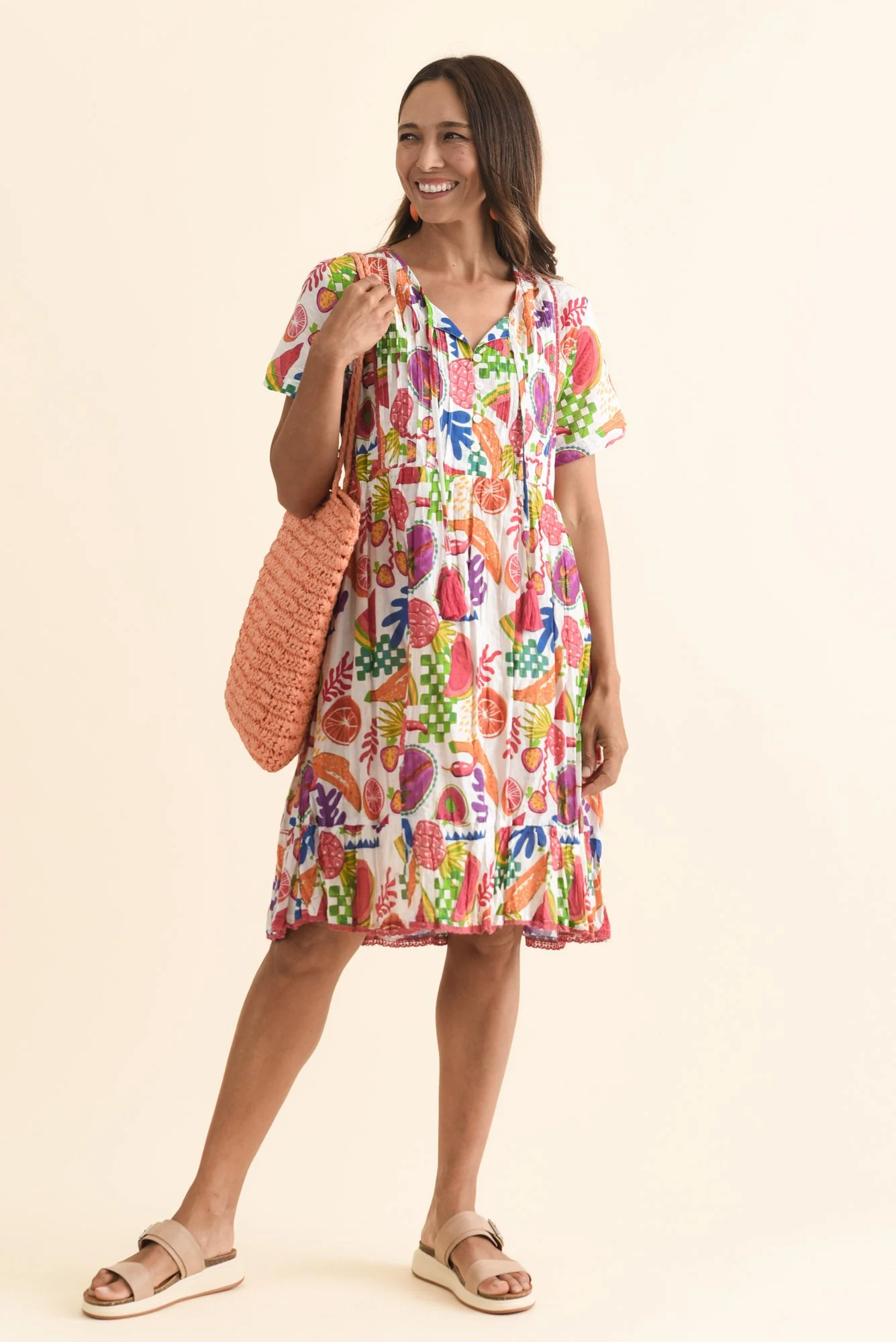Marisol White Fruity Crinkle Cotton Dress