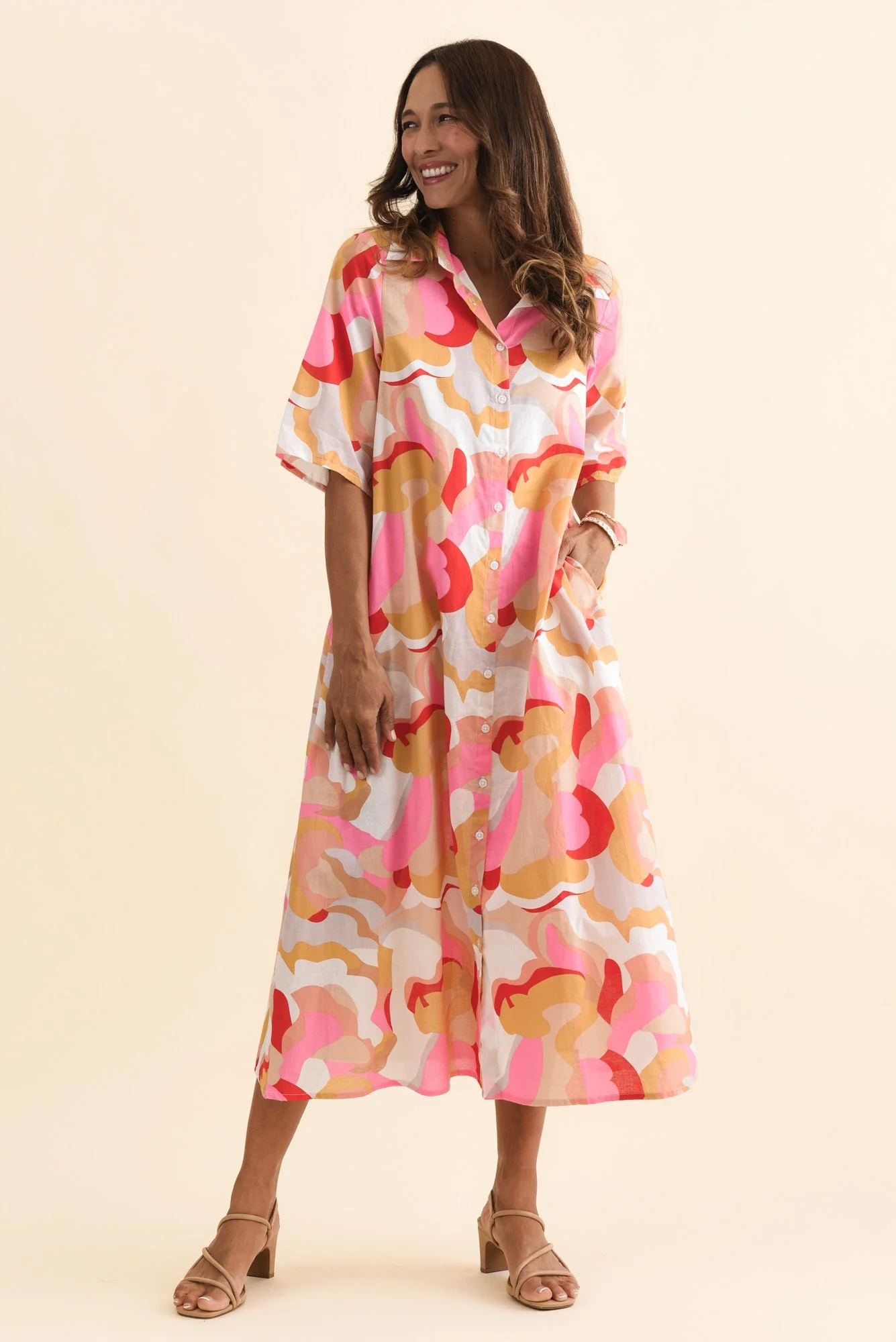 Meda Beige Floral Cotton Tie Dress