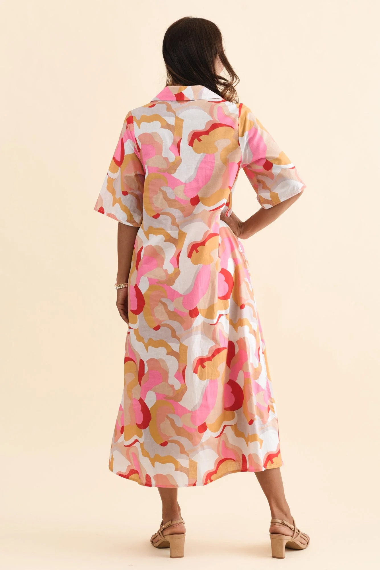 Meda Beige Floral Cotton Tie Dress - Image 4