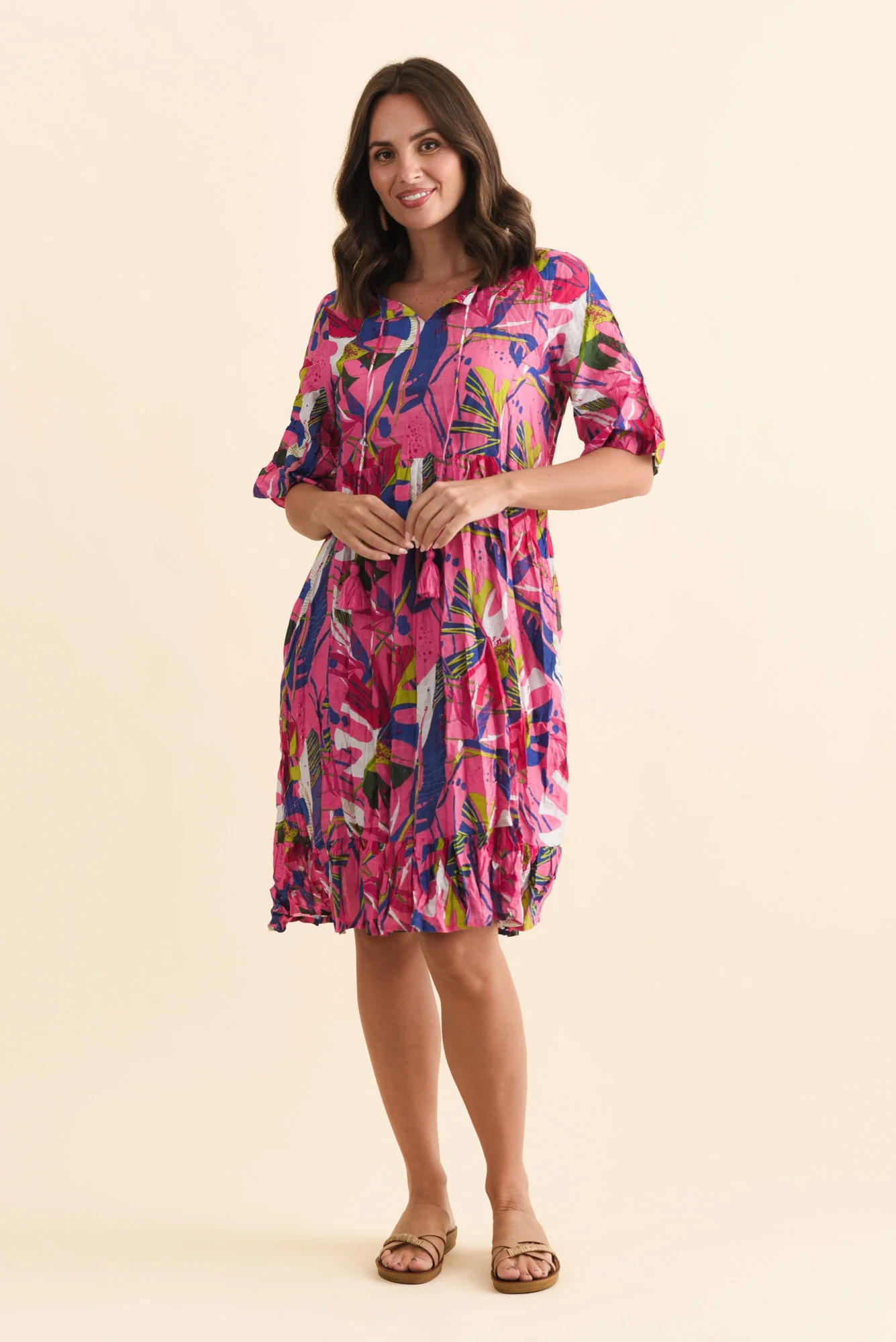 Mila Fuchsia Leaf Crinkle Cotton Dress - Image 6
