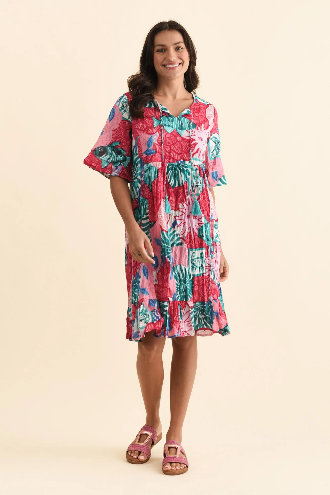 Mila Pink Abstract Crinkle Cotton Dress