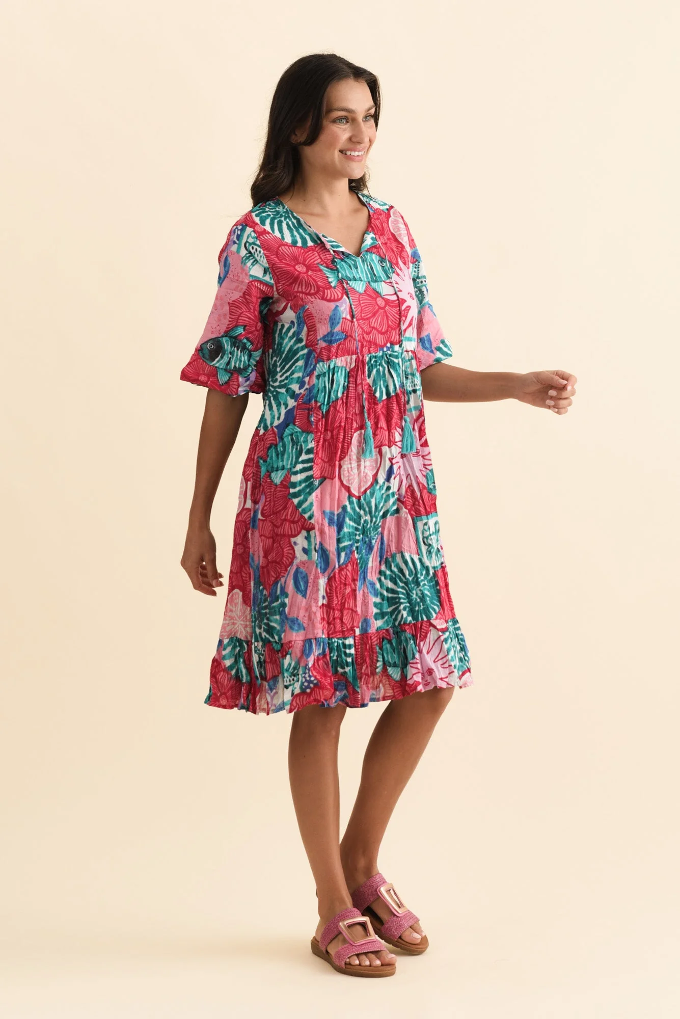 Mila Pink Abstract Crinkle Cotton Dress - Image 4