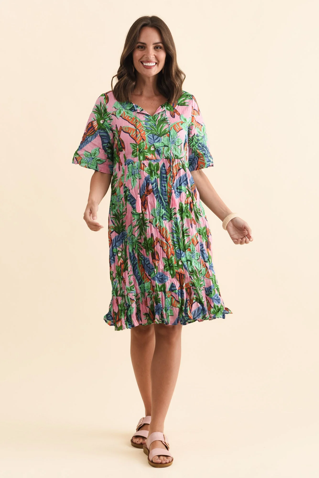 Mila Pink Jungle Crinkle Cotton Dress - Image 2