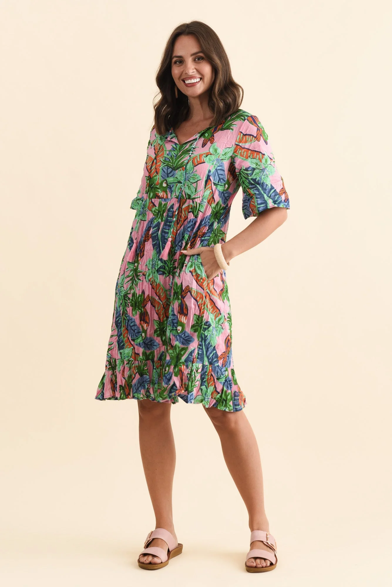 Mila Pink Jungle Crinkle Cotton Dress - Image 3