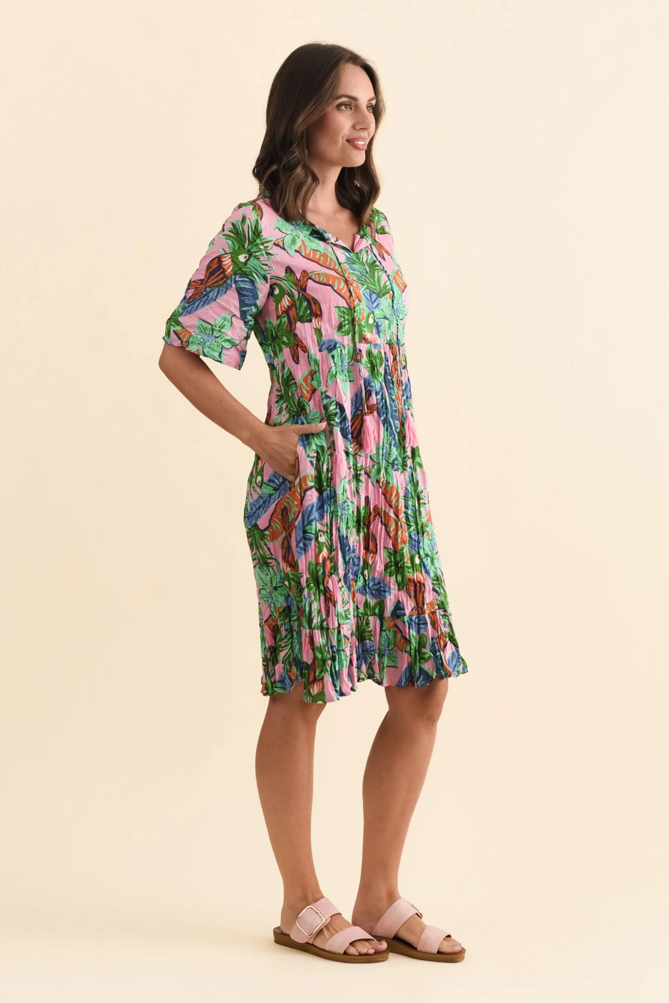 Mila Pink Jungle Crinkle Cotton Dress - Image 4