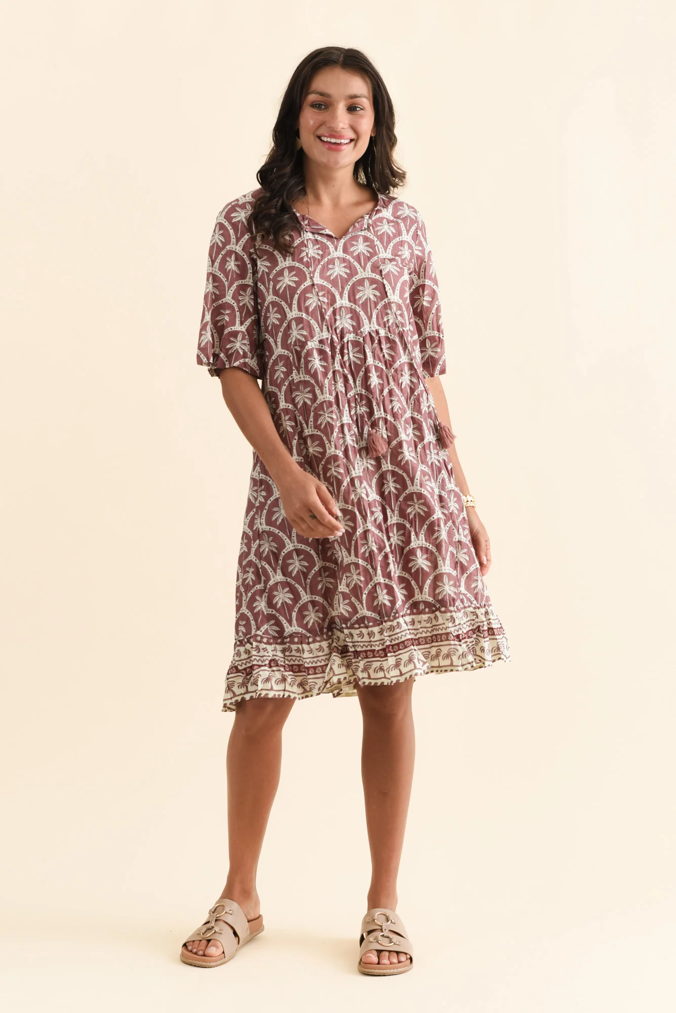 Mila Taupe Palm Crinkle Cotton Dress