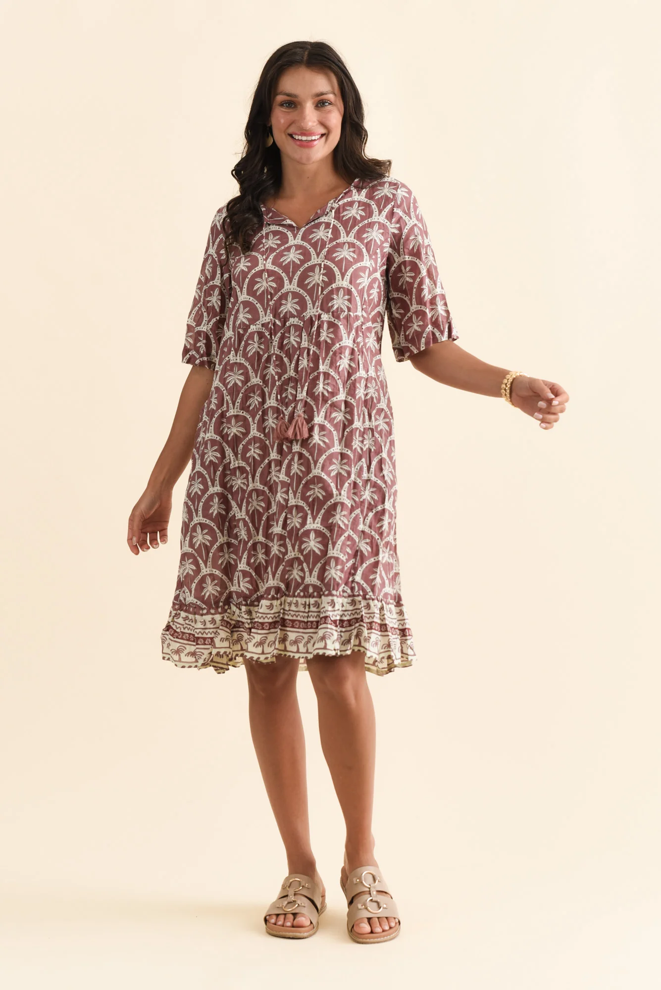 Mila Taupe Palm Crinkle Cotton Dress - Image 2