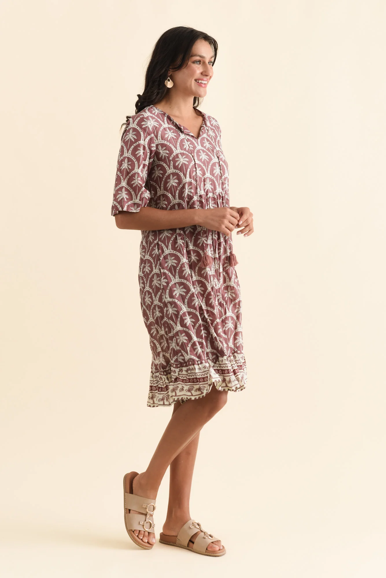 Mila Taupe Palm Crinkle Cotton Dress - Image 3