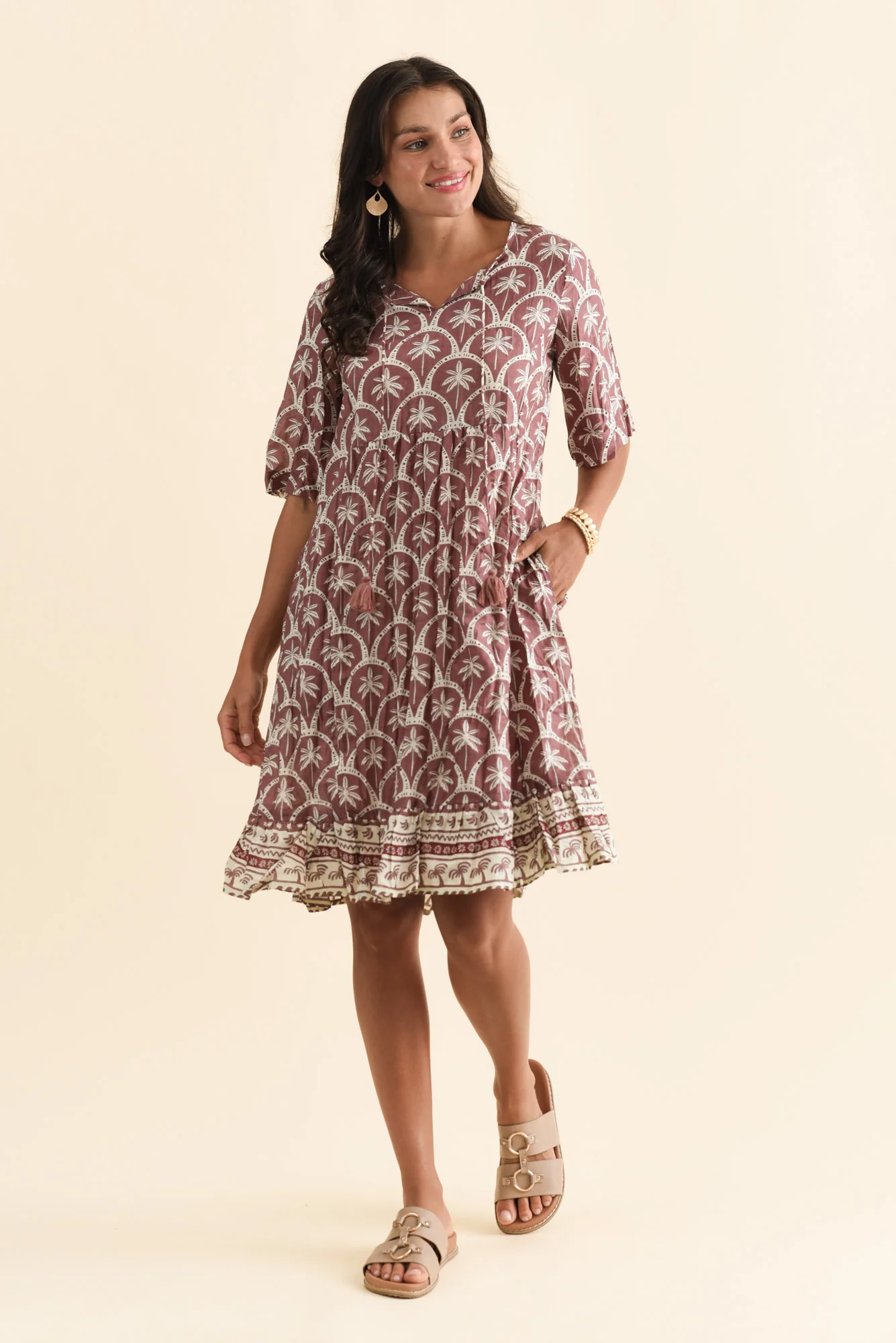 Mila Taupe Palm Crinkle Cotton Dress - Image 6