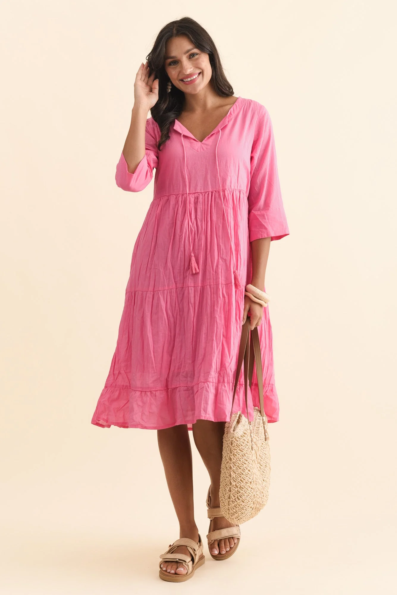Milana Bright Pink Crinkle Cotton Dress - Image 2