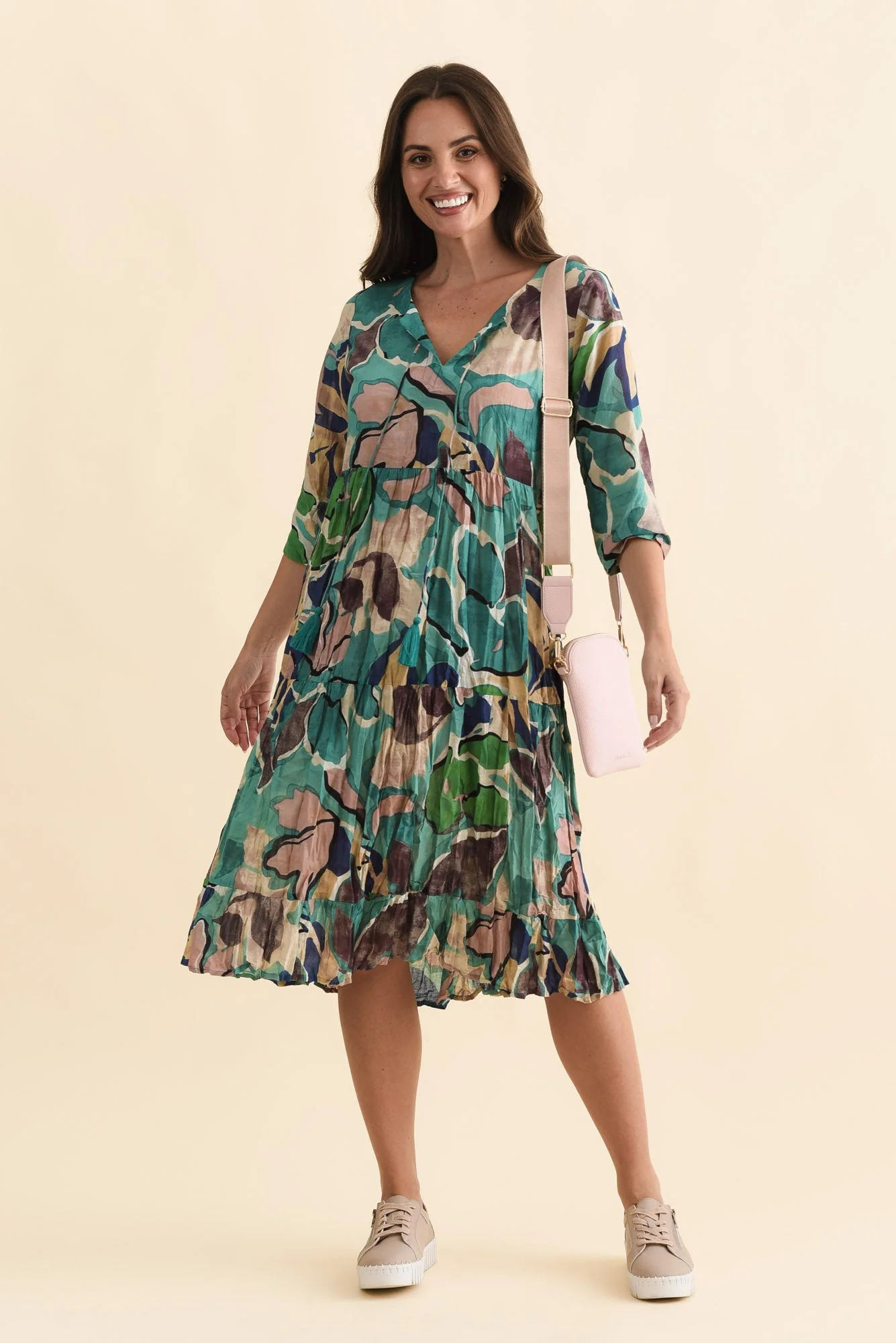 Milana Teal Foliage Crinkle Cotton Dress