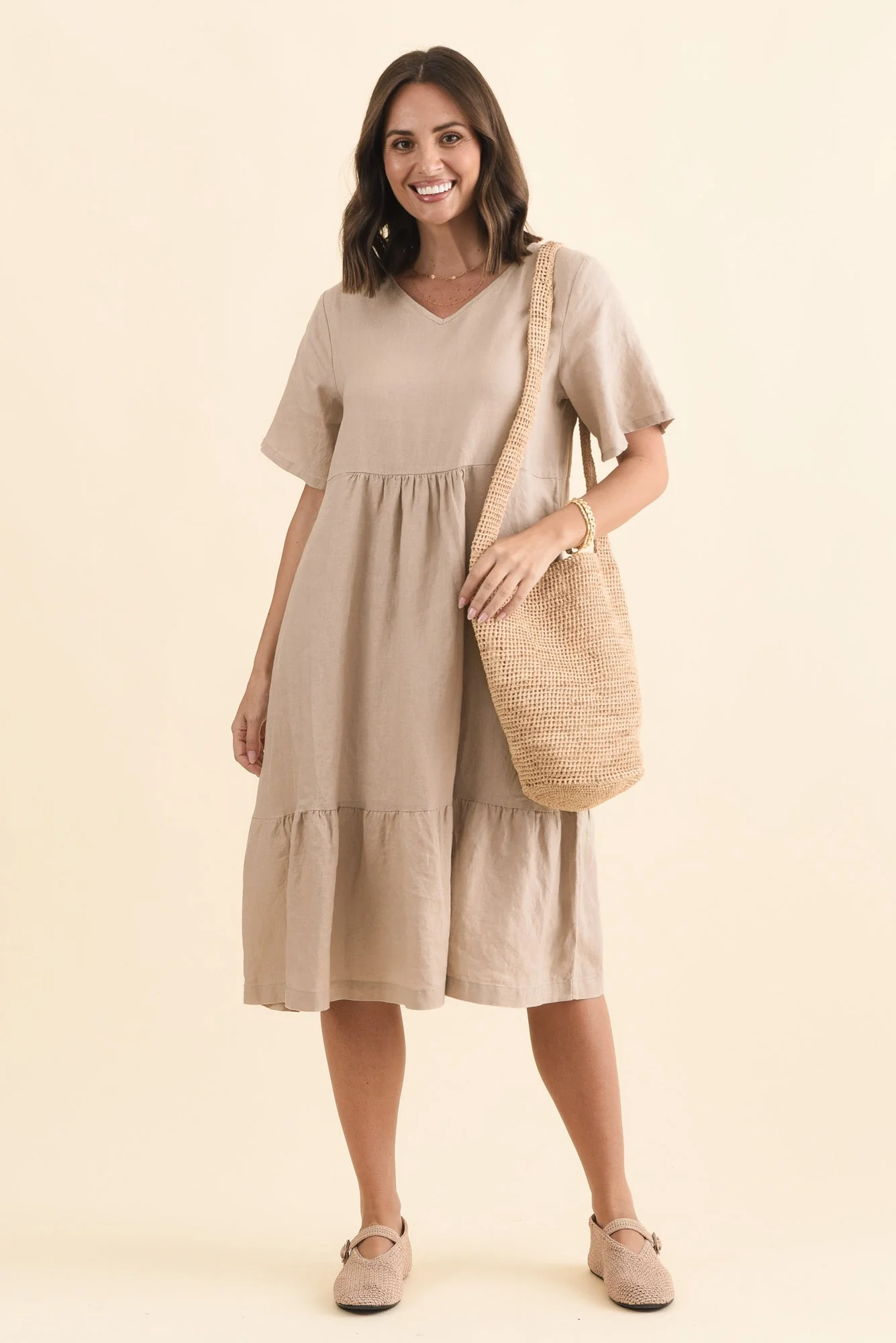 Miller Beige Linen Tiered Dress