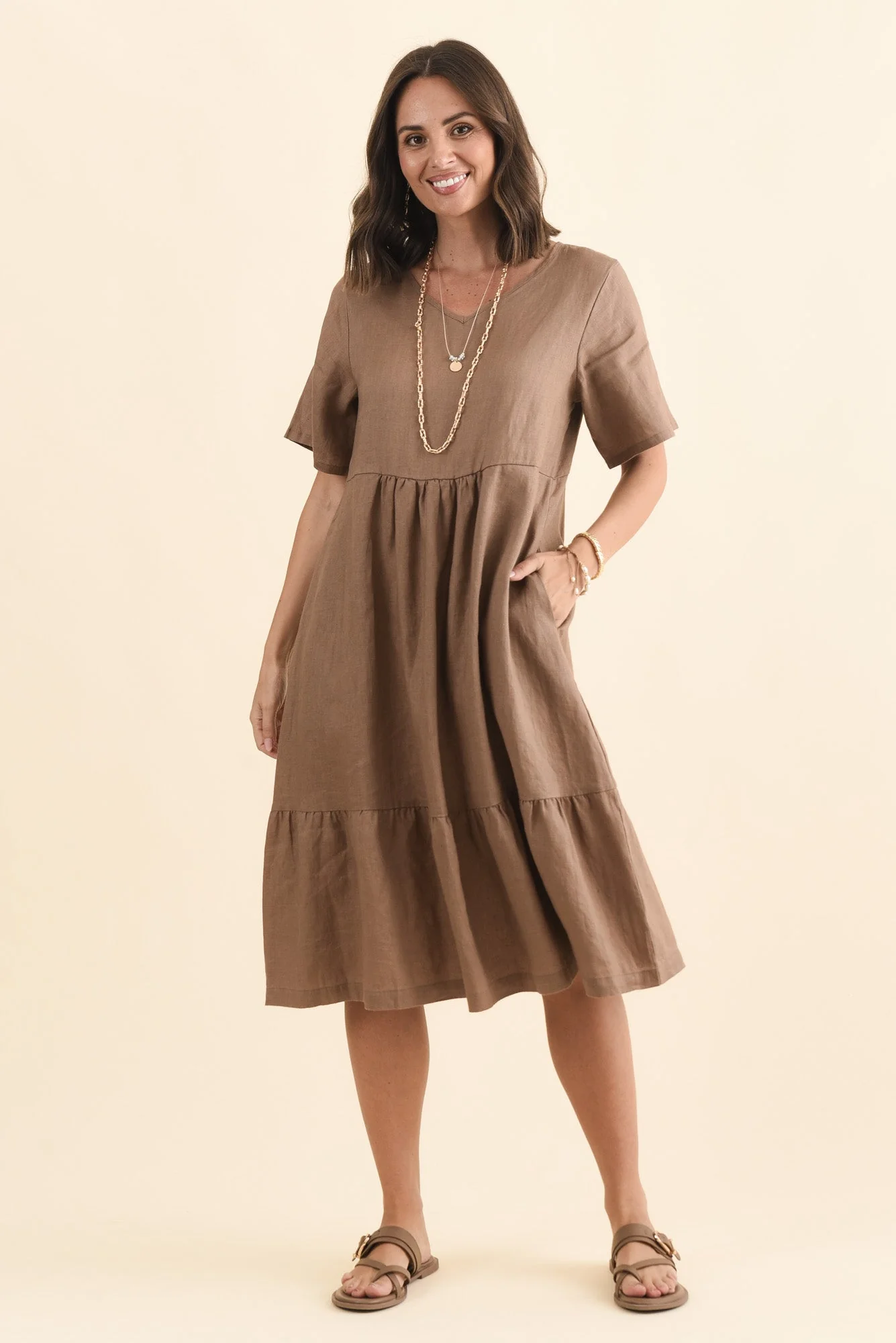 Miller Mocha Linen Tiered Dress - Image 2