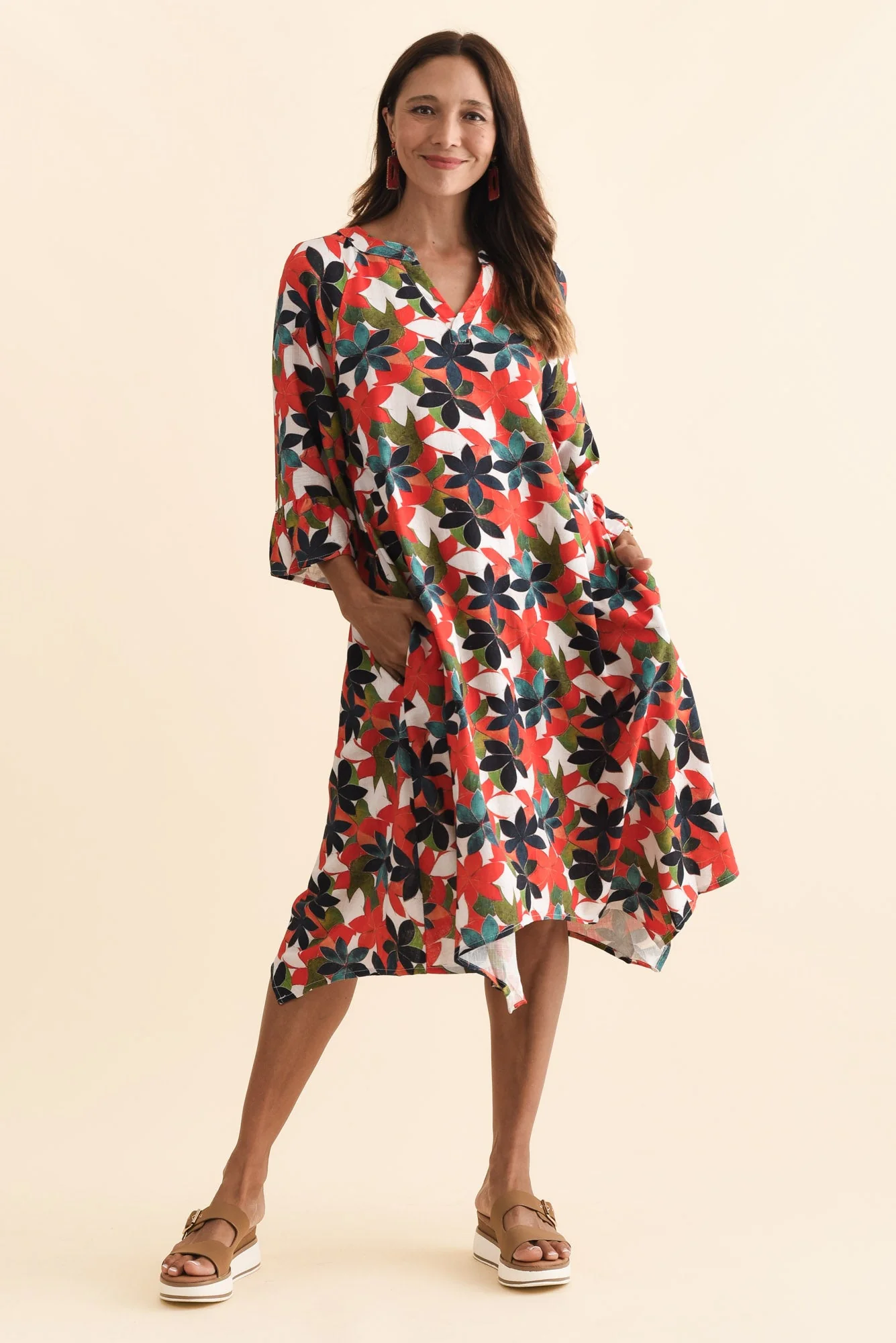 Millicent Red Leaf Linen Cotton Dress