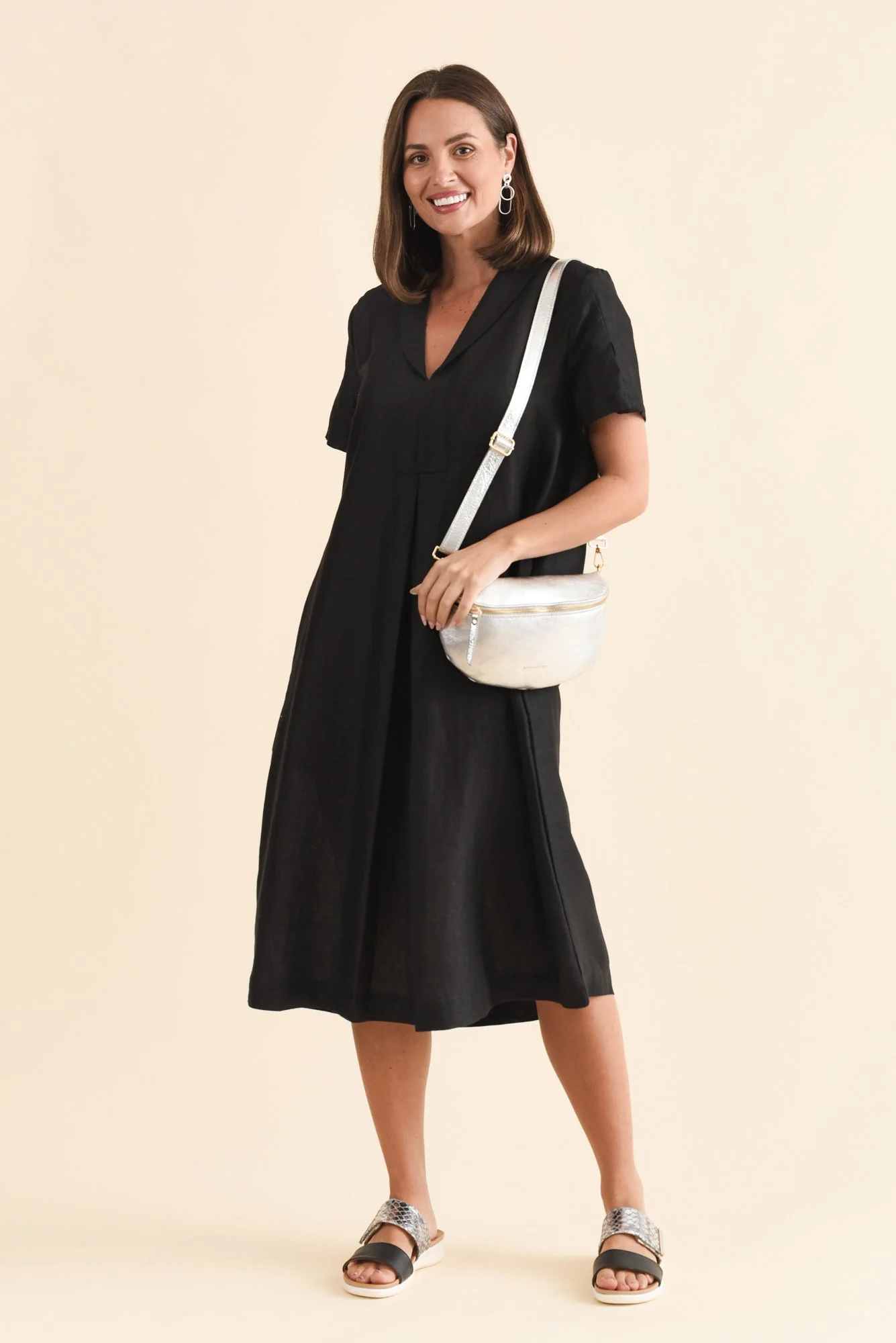 Miranda Black Linen Collared Dress