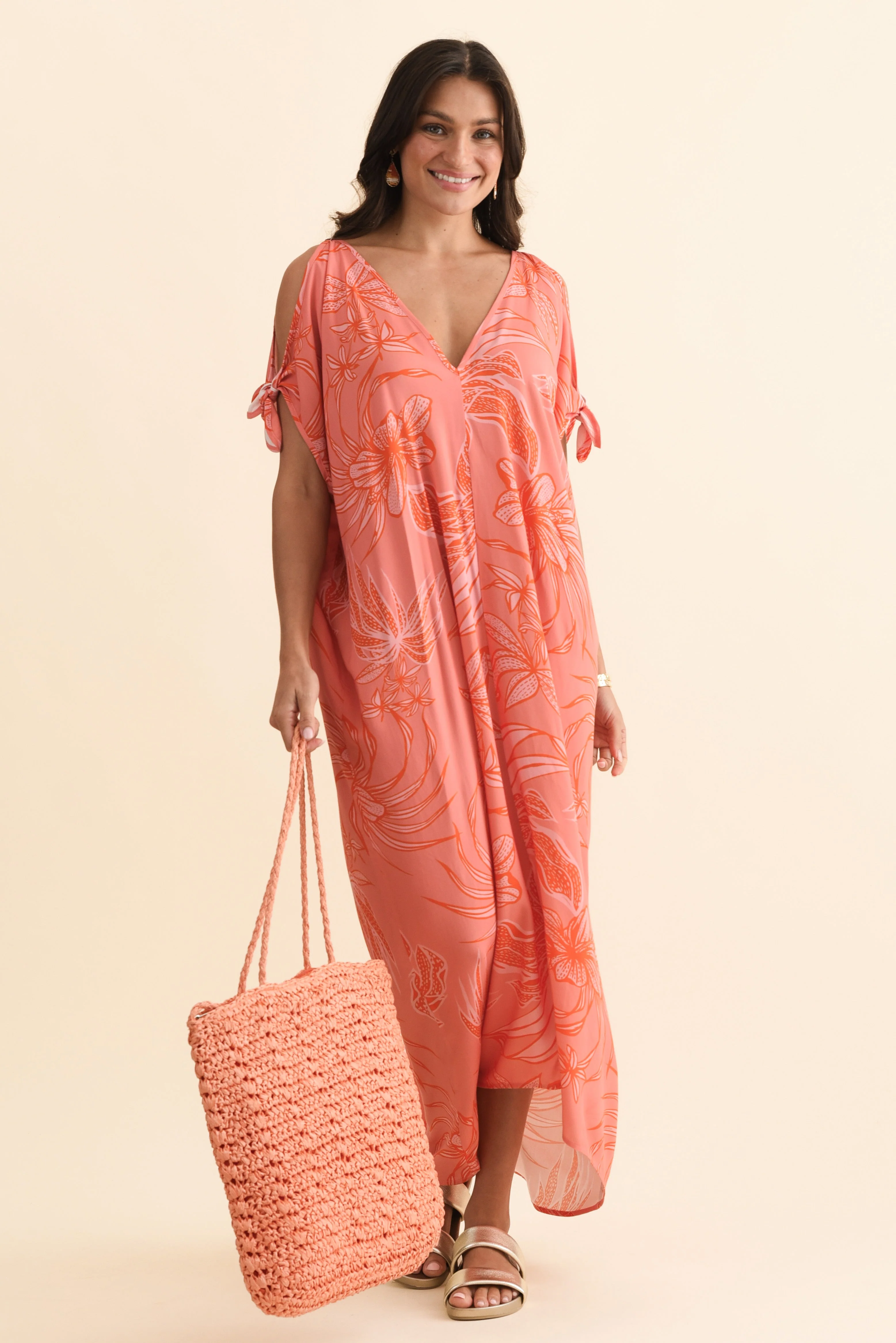 Miranda Pink Botanical Cold Shoulder Kaftan - Image 2