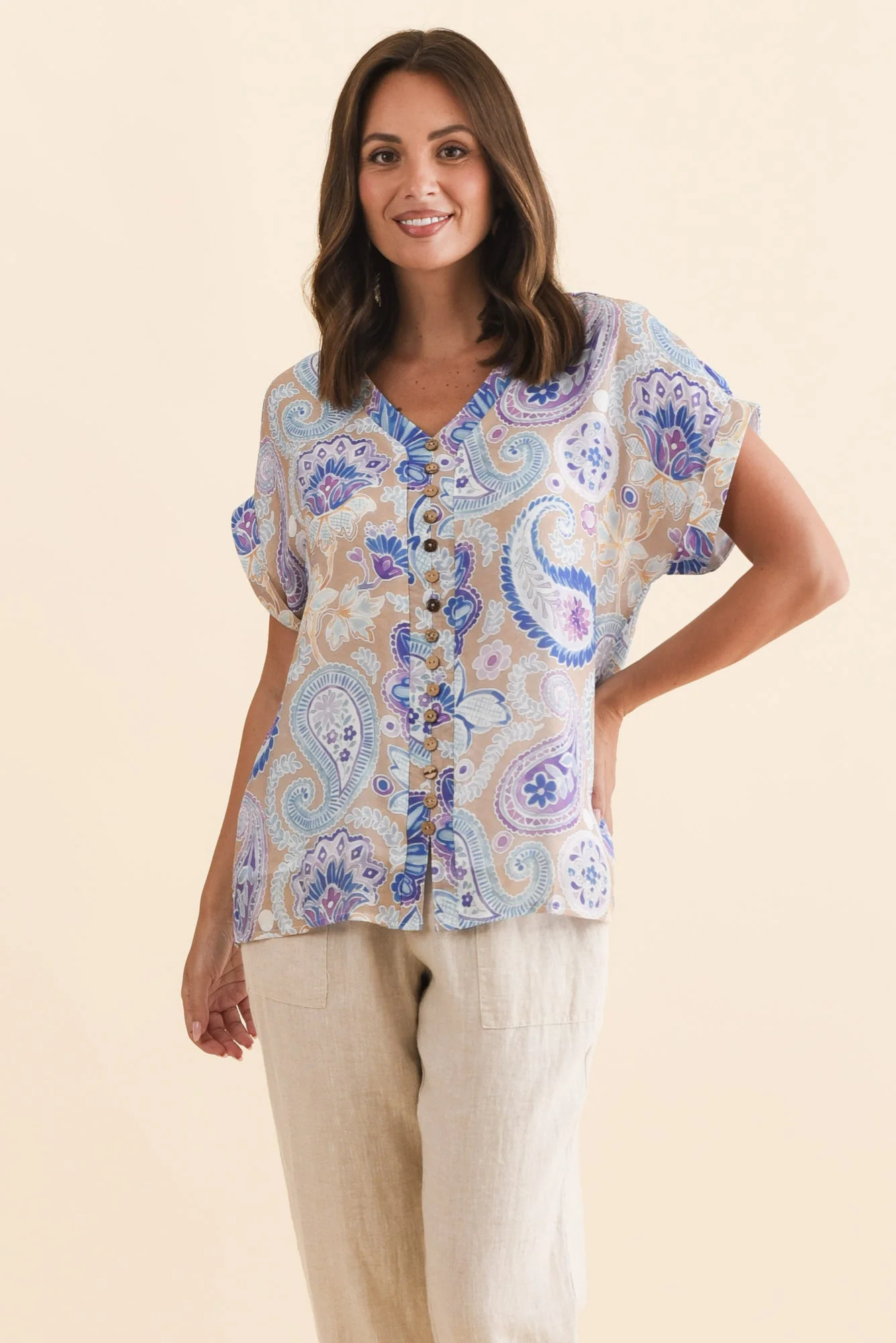 Miray Blue Floral Button Top