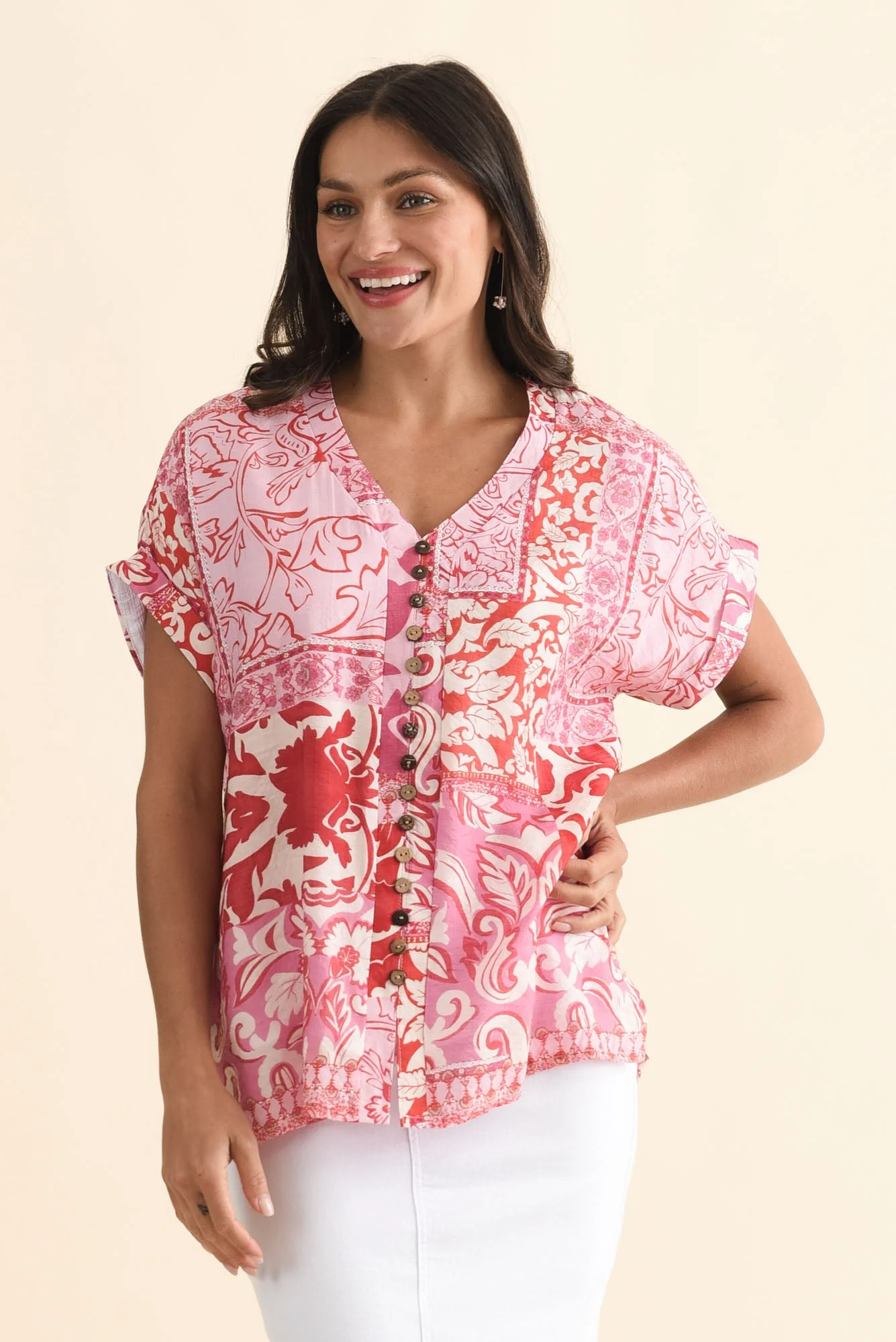 Miray Pink Abstract Button Top