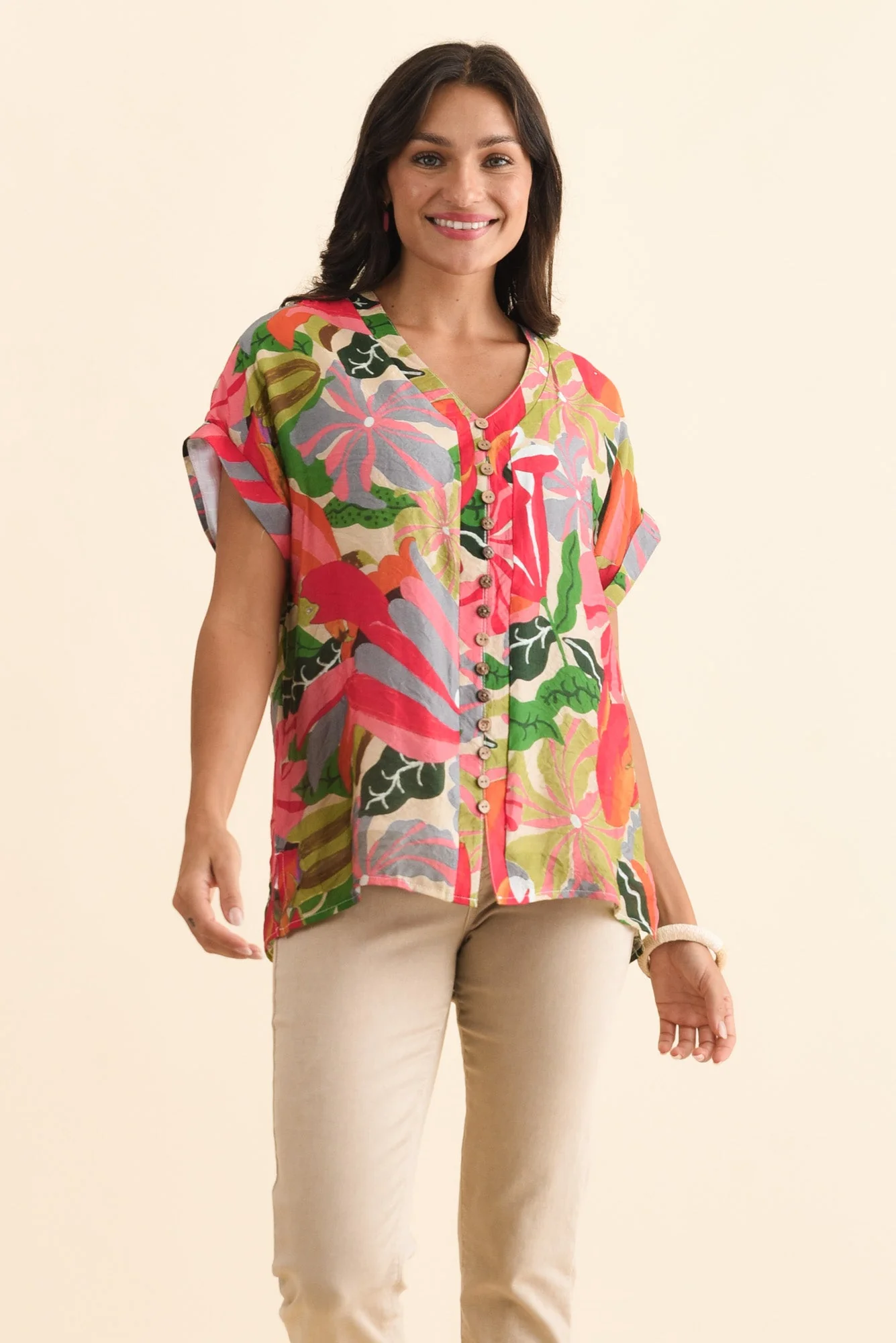 Miray Pink Hibiscus Button Top