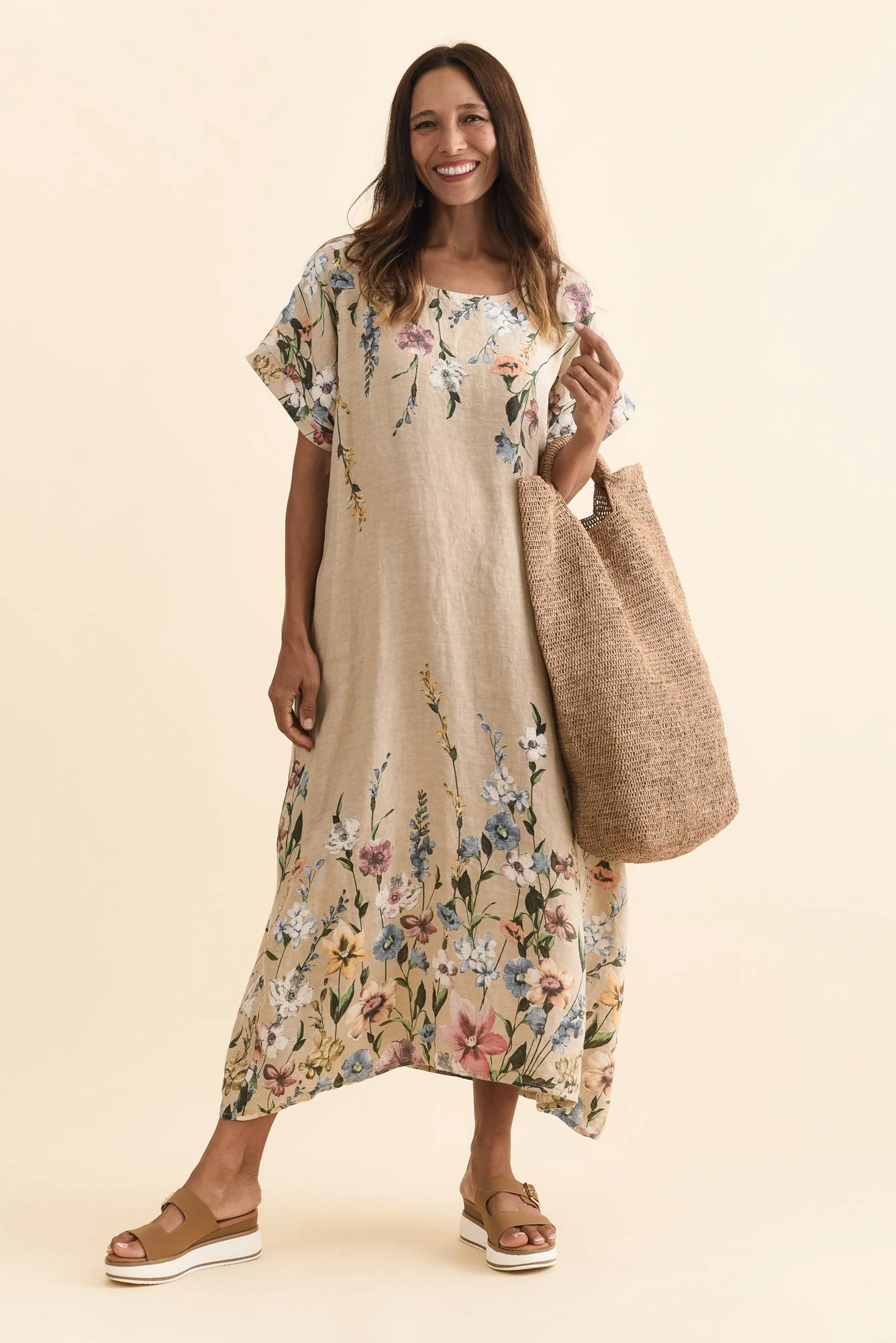 Morrison Beige Floral Linen Pocket Dress