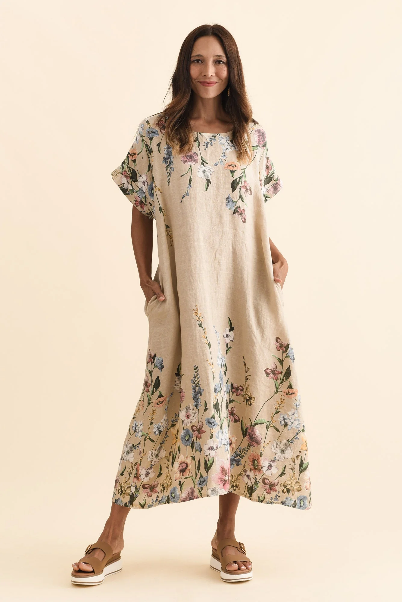Morrison Beige Floral Linen Pocket Dress - Image 2