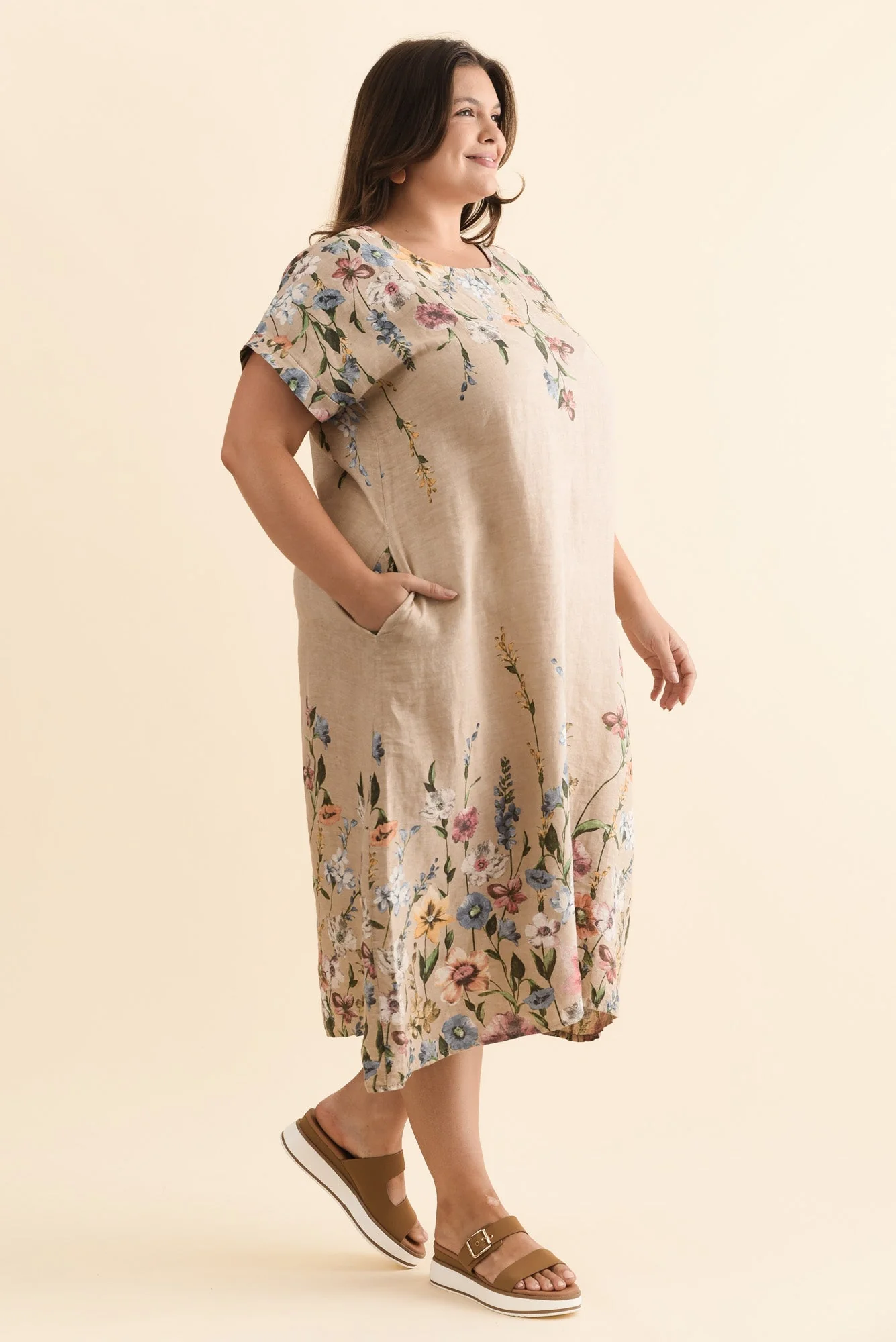 Morrison Beige Floral Linen Pocket Dress - Image 9