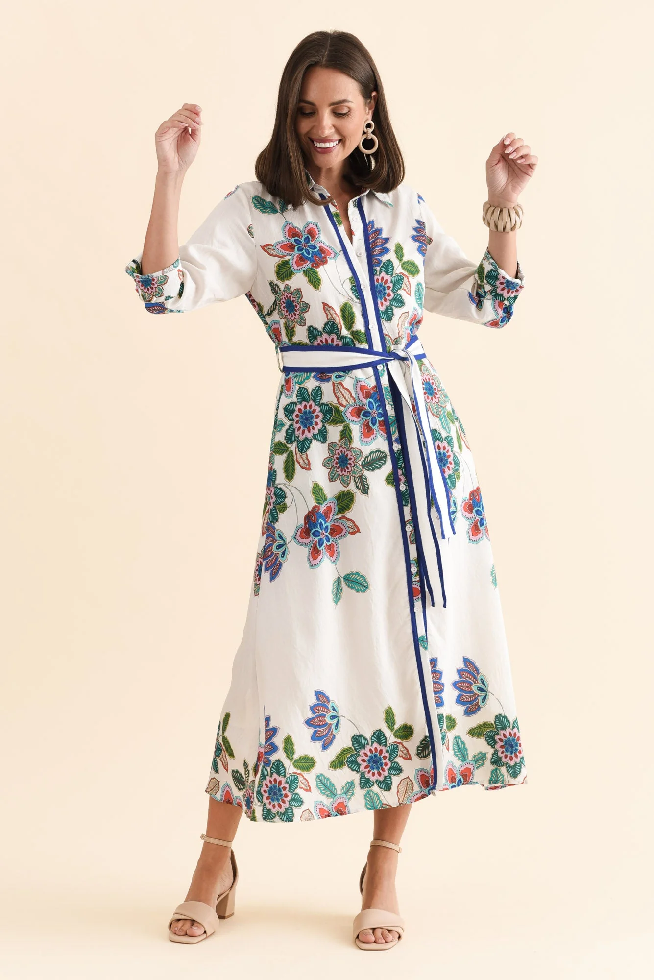 Myka White Floral Linen Cotton Shirt Dress - Image 2