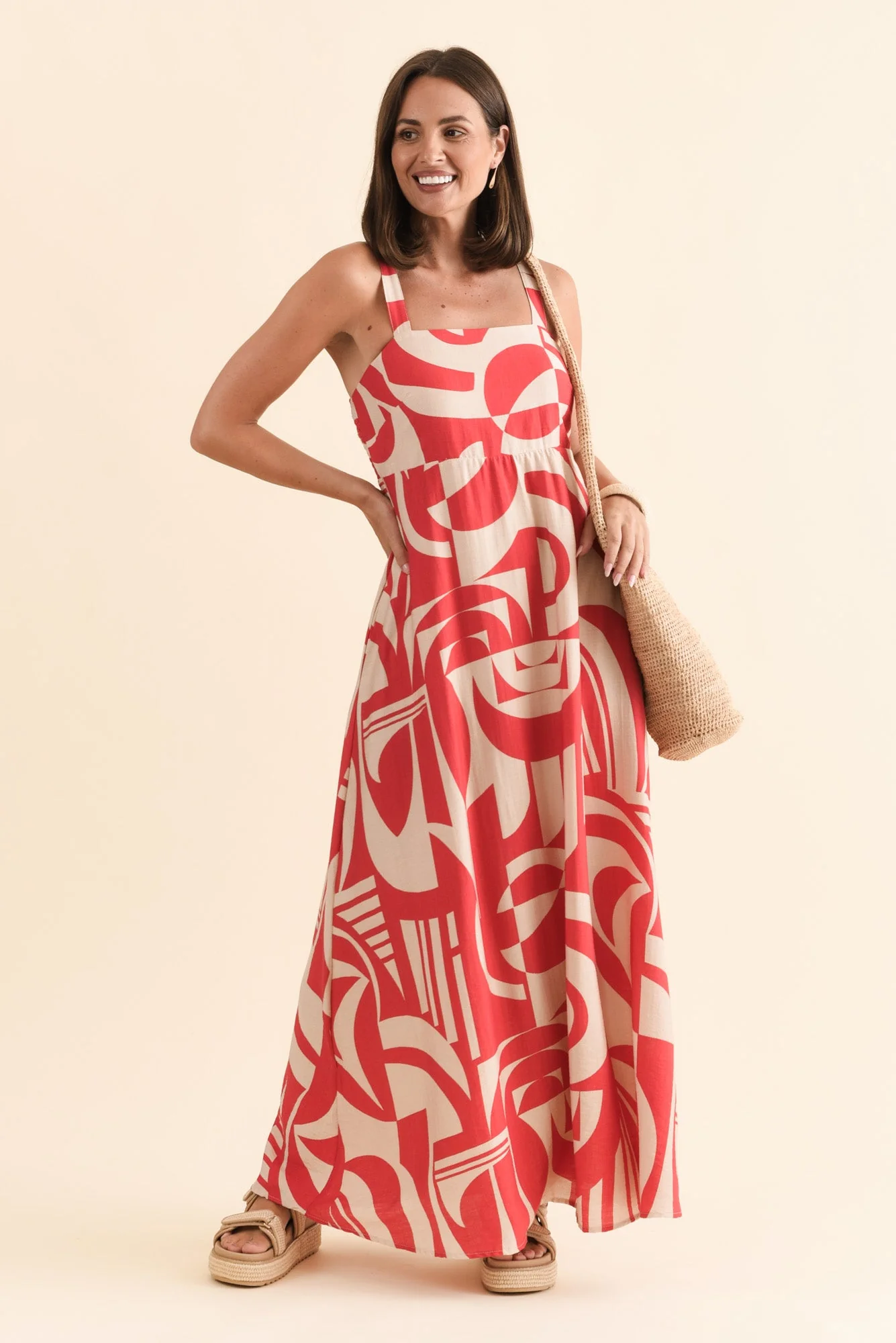 Mykonos Red Abstract Linen Cotton Dress