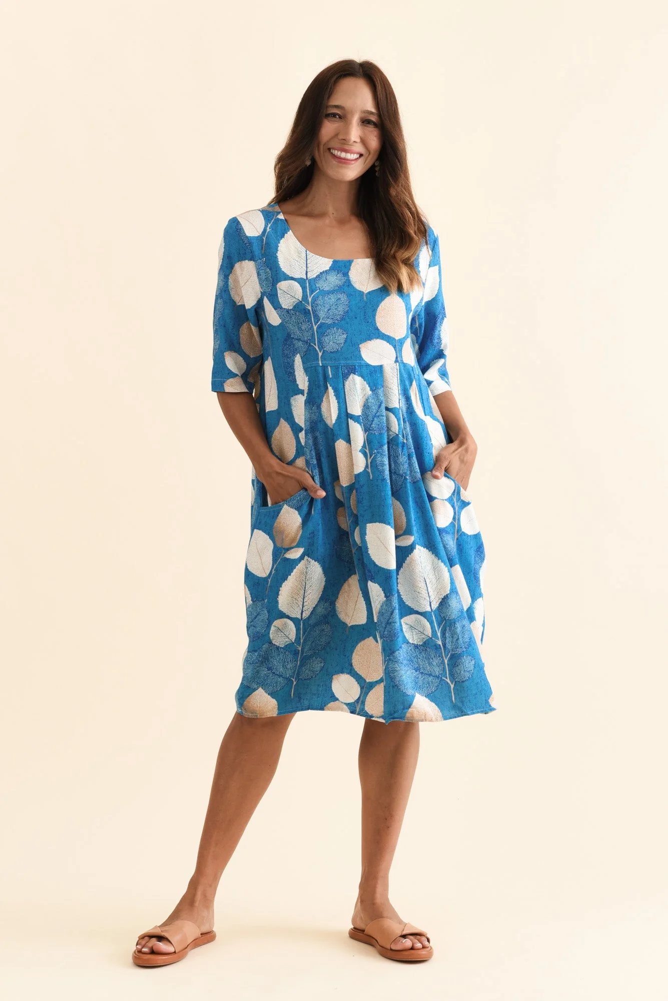 Myley Blue Leaf Linen Cotton Dress - Image 2