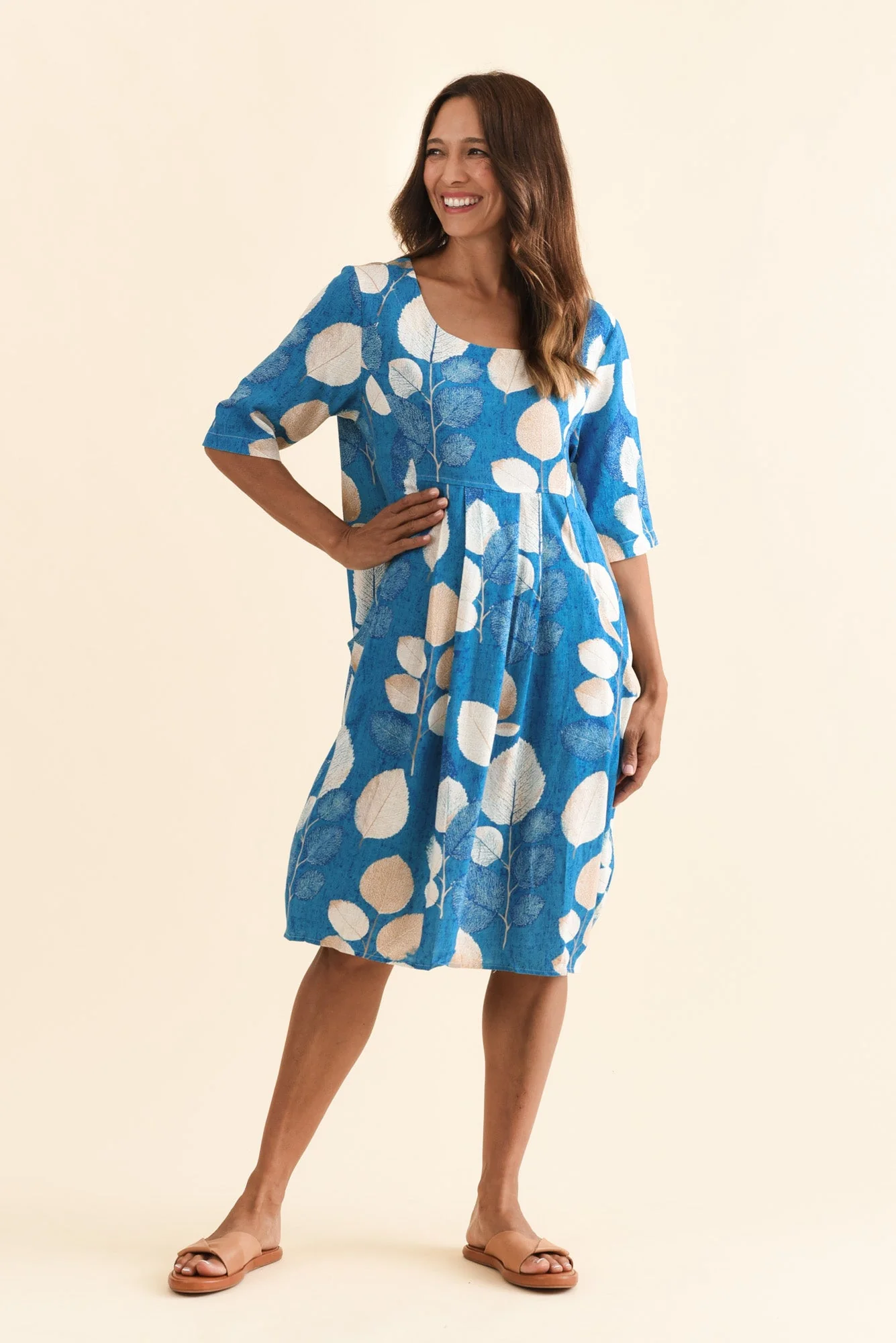 Myley Blue Leaf Linen Cotton Dress - Image 3