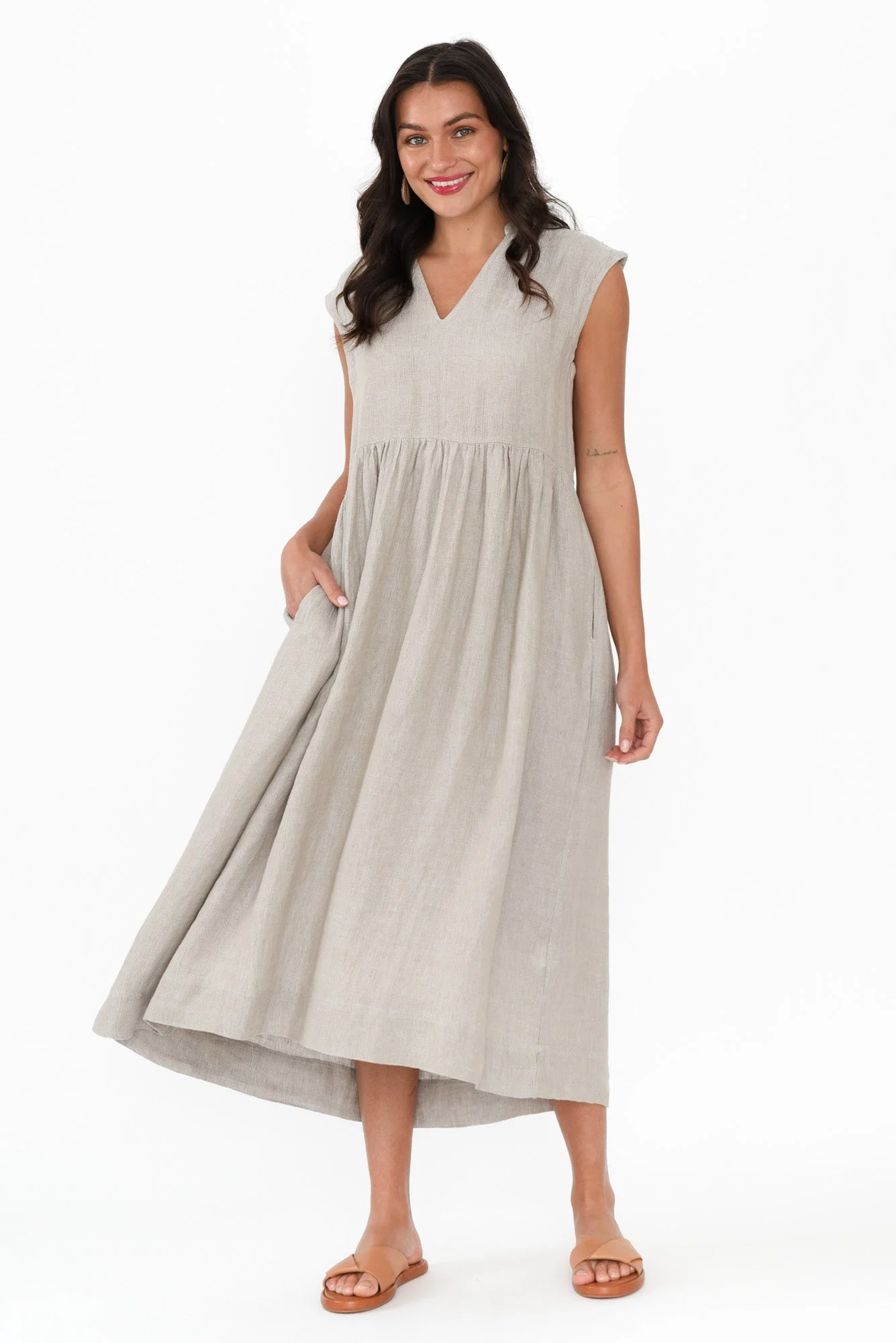 Myra Grey Linen Midi Dress