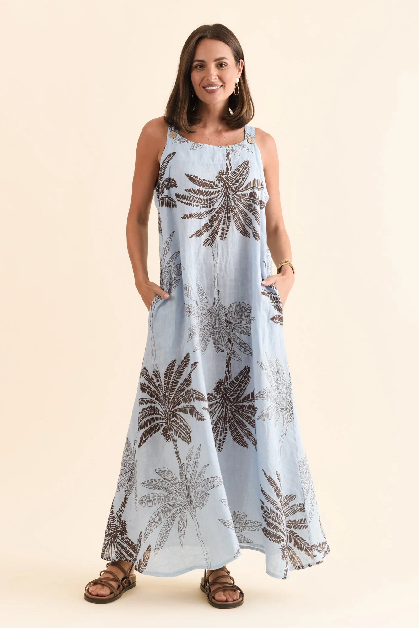 Nadia Blue Palm Linen Maxi Dress