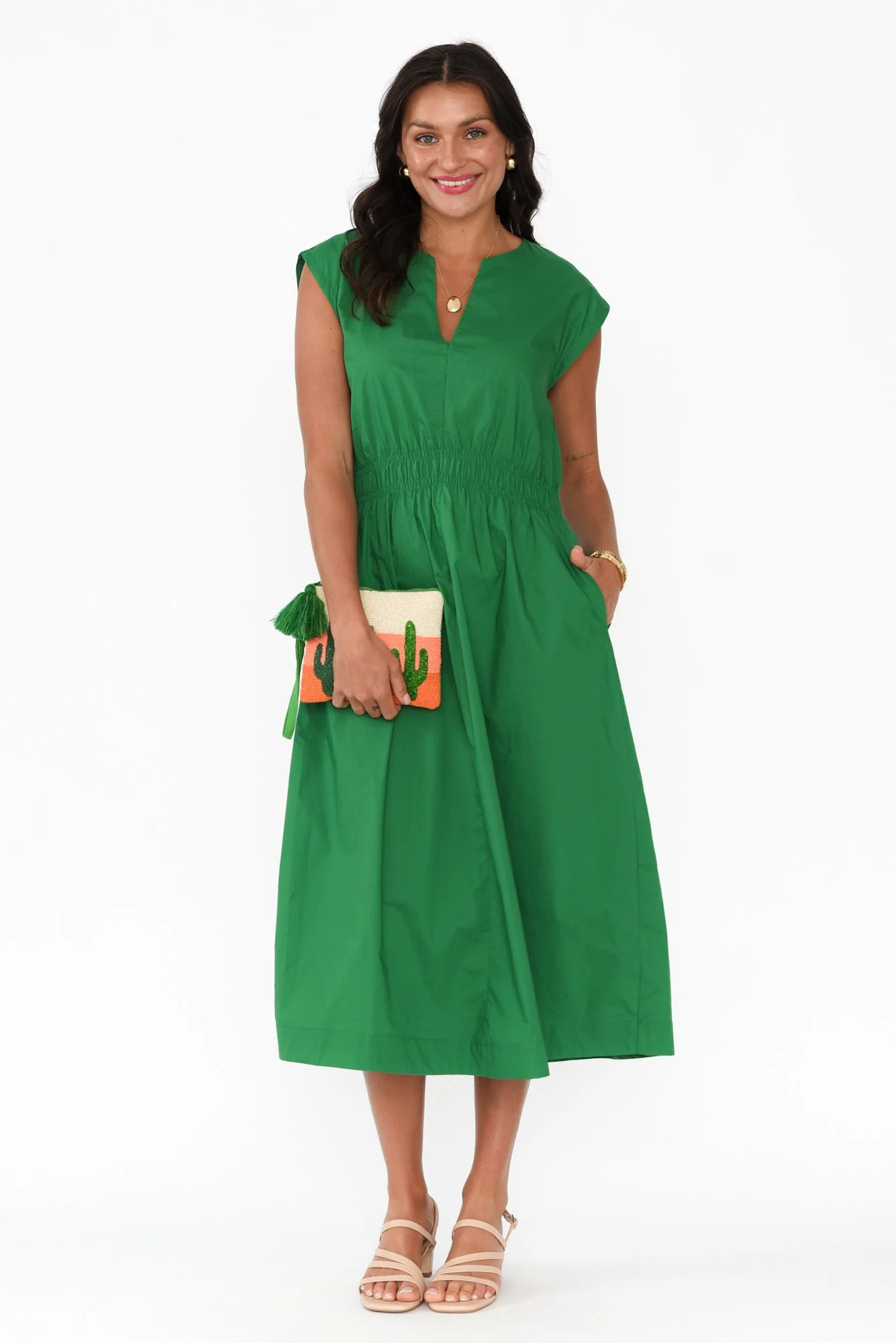 Nelly Green Cotton Midi Dress