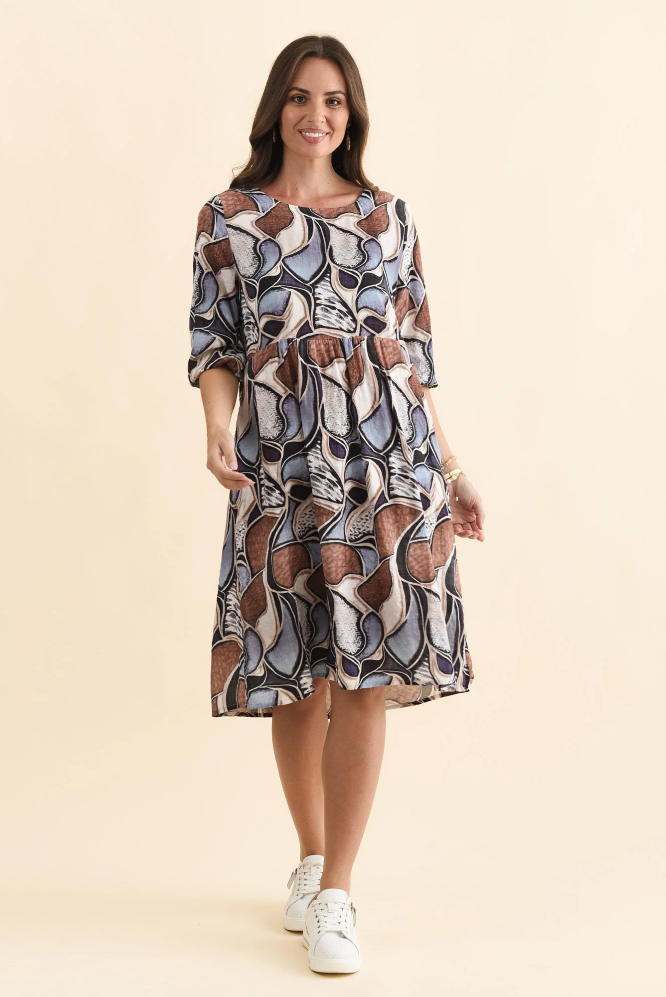 Nicolette Blue Abstract Cotton Blend Sleeved Dress - Image 2