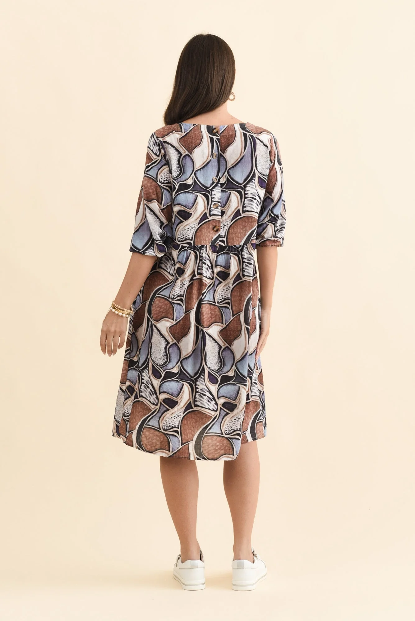 Nicolette Blue Abstract Cotton Blend Sleeved Dress - Image 4