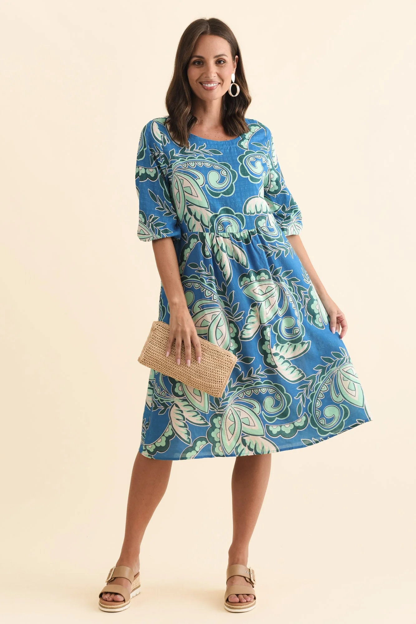Nicolette Blue Paisley Cotton Blend Sleeved Dress