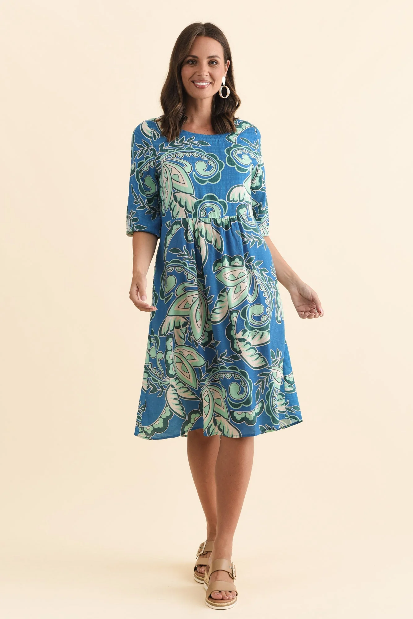 Nicolette Blue Paisley Cotton Blend Sleeved Dress - Image 2