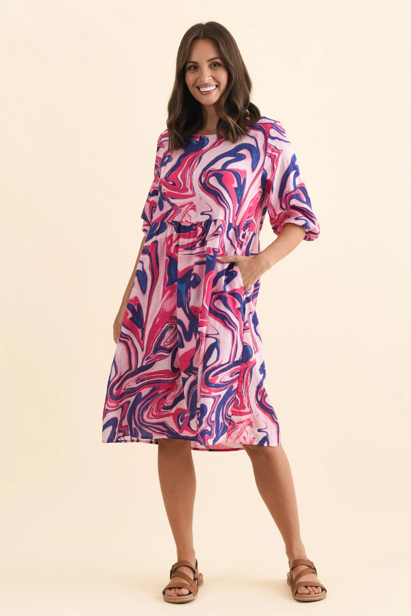 Nicolette Fuchsia Swirl Cotton Blend Sleeved Dress - Image 6