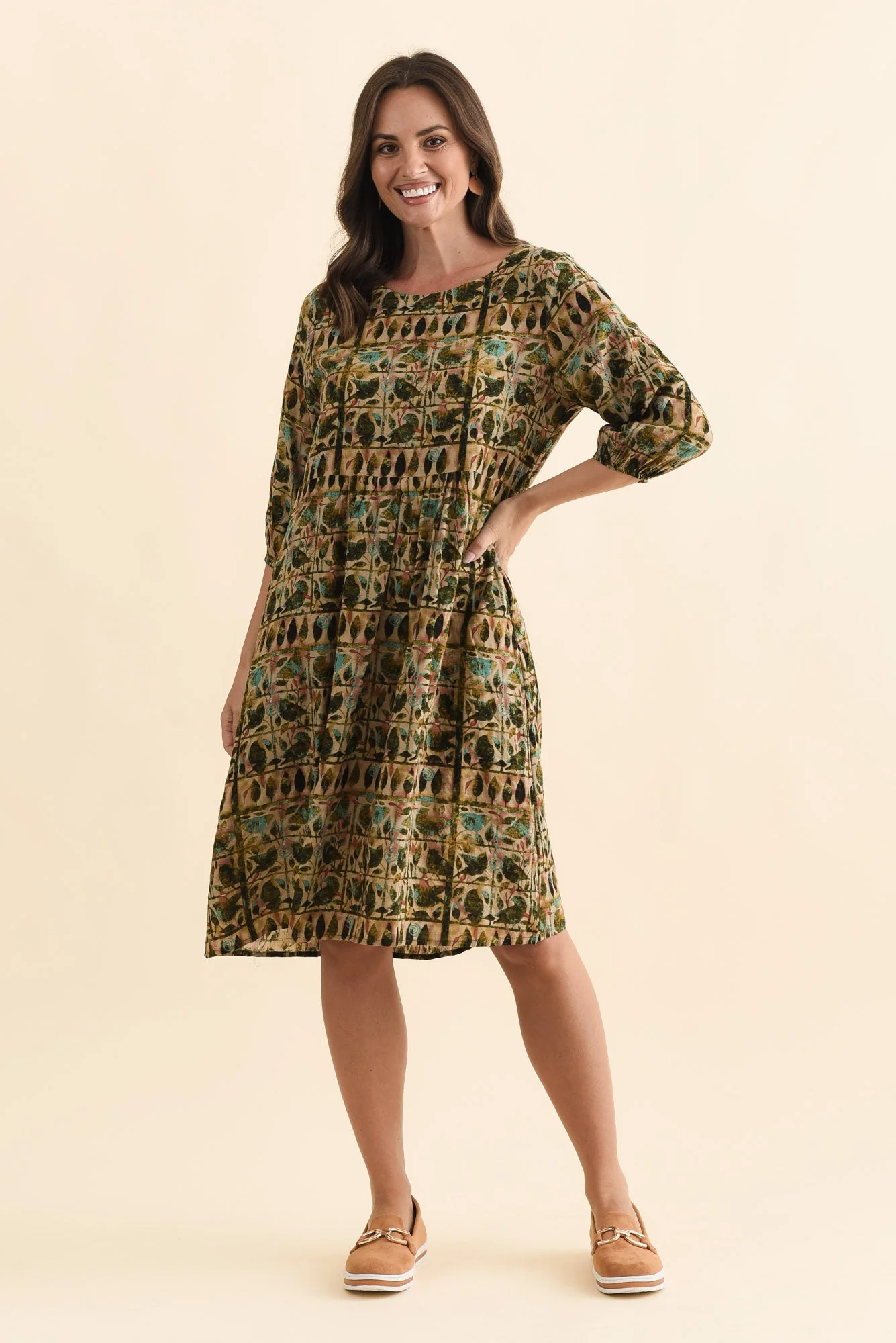 Nicolette Green Motif Cotton Blend Sleeved Dress - Image 2