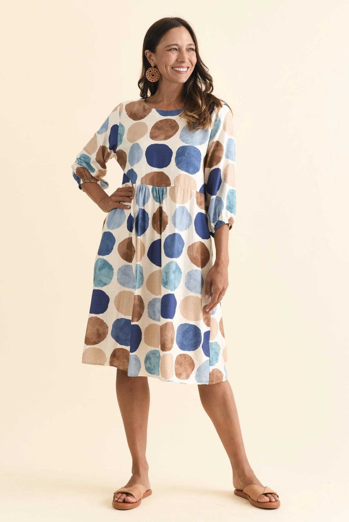 Nicolette Navy Spot Cotton Blend Sleeved Dress - Image 6