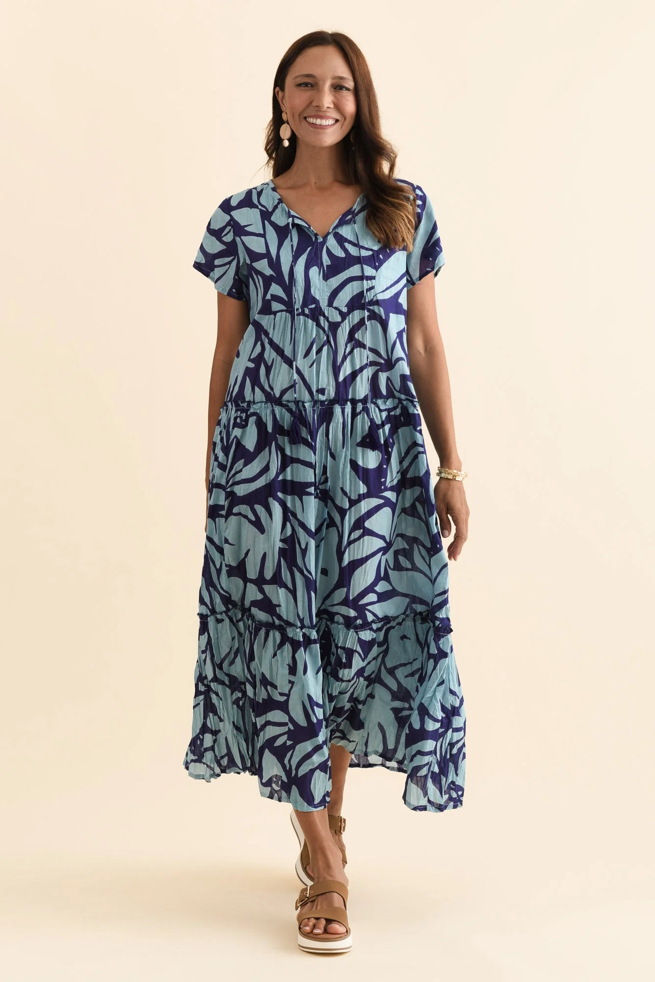 Nona Blue Botanical Crinkle Cotton Maxi Dress - Image 3