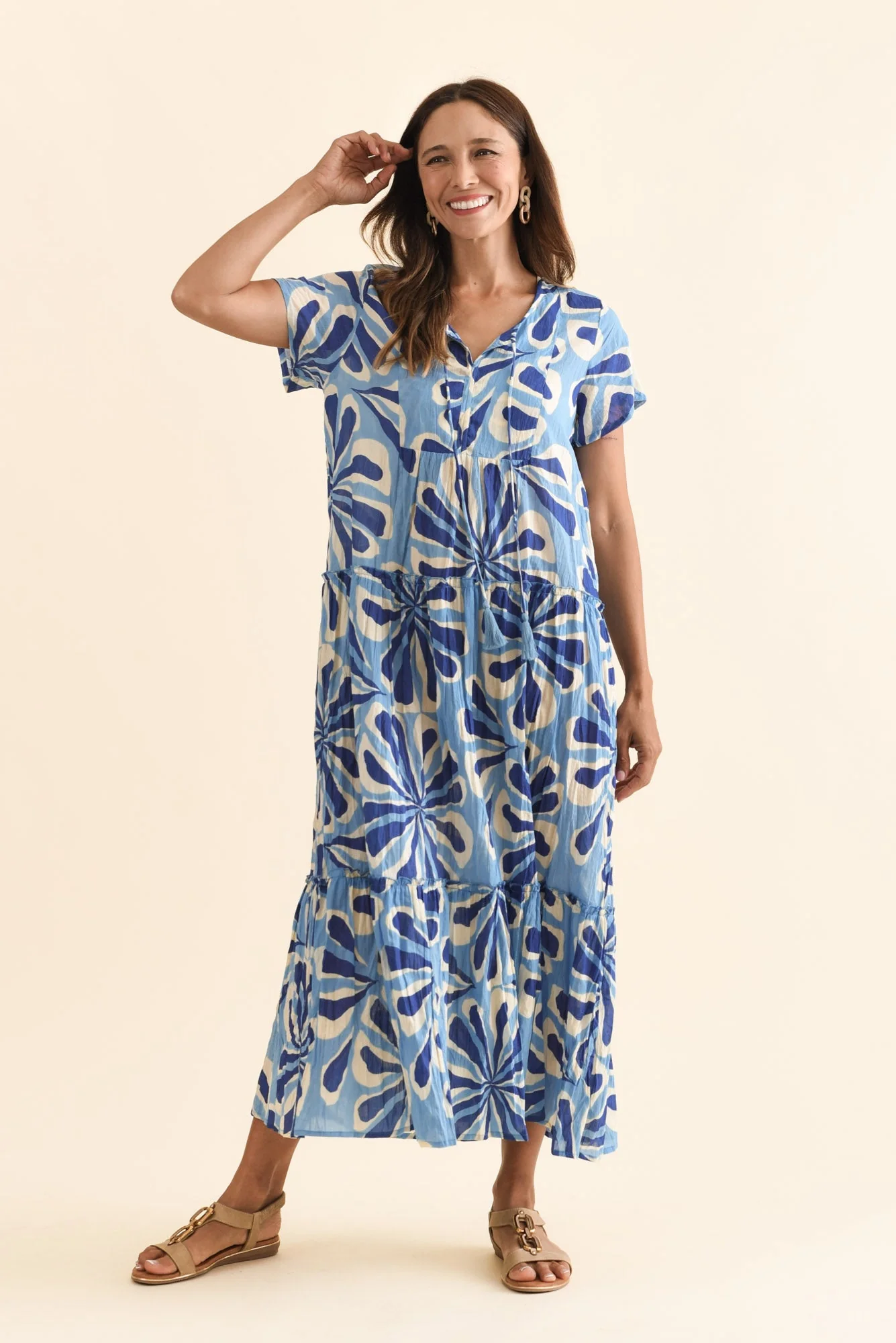 Nona Blue Daisy Crinkle Cotton Maxi Dress