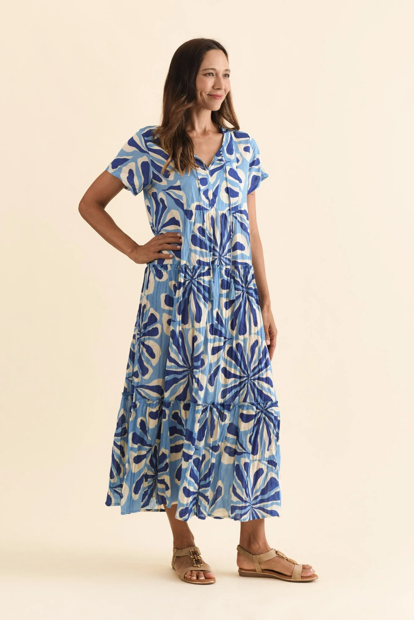 Nona Blue Daisy Crinkle Cotton Maxi Dress - Image 3